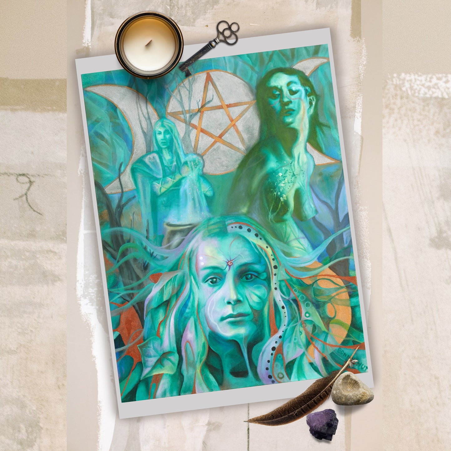 The Triple Goddess A3 art wall print in shades of green. Wiccan-Pagan Mythology Maiden Mother and Crone. from portrait oil painting, arty Witchy gifts from our metaphysical store.