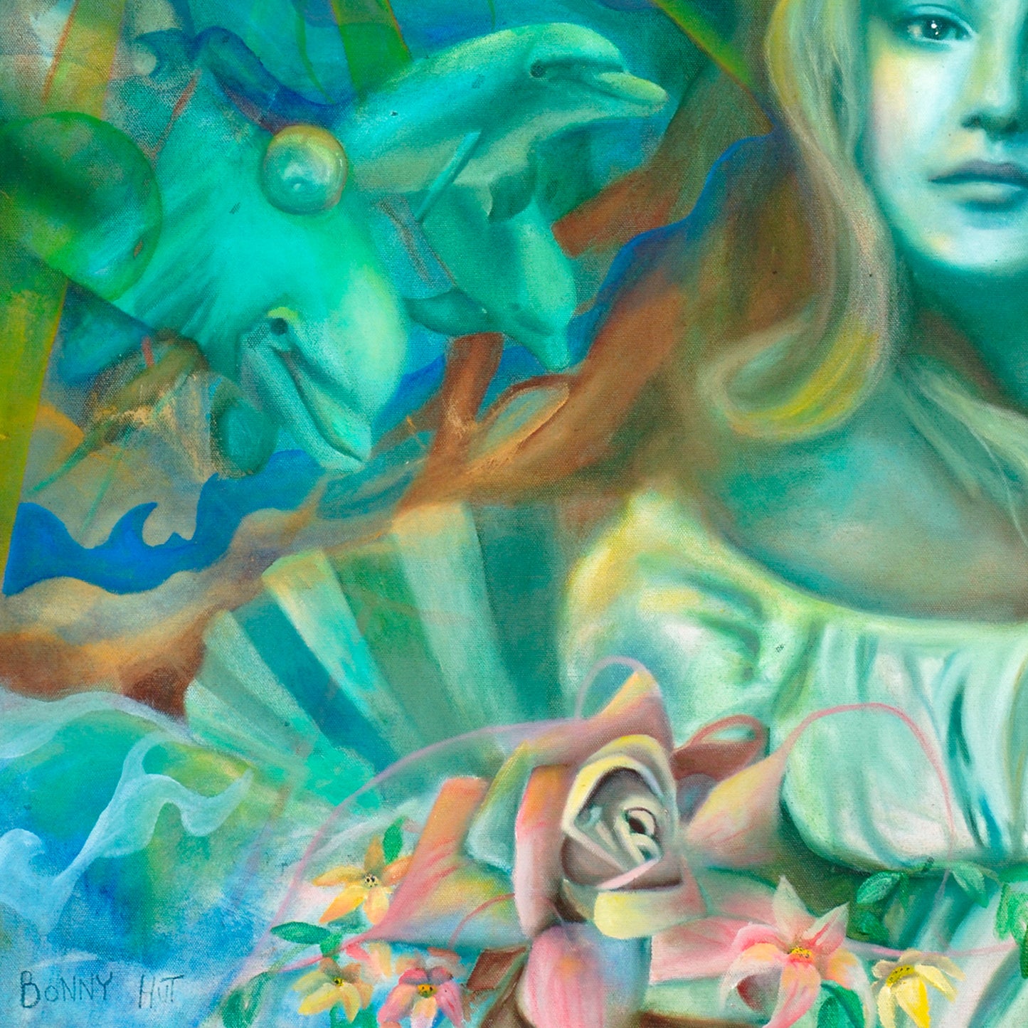 Aphrodite art wall print, Greek Mythology, Spring Goddess of love, Valentines day gift, The birth of Venus on a seashell with her dolphins and her son cupid. Print is reproduced from a hand-painted oil painting in shades of green. Details of her dolphins.