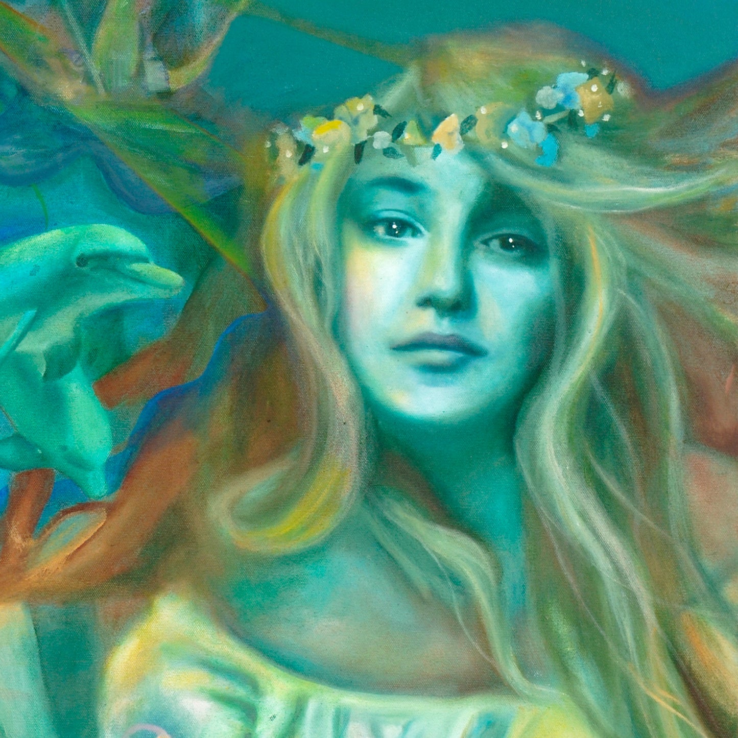 Portrait of Aphrodite art wall print, Greek Mythology, Spring Goddess of love, Valentines day gift, The birth of Venus on a seashell with her dolphins and her son cupid. Print is reproduced from a hand-painted oil painting in shades of green.