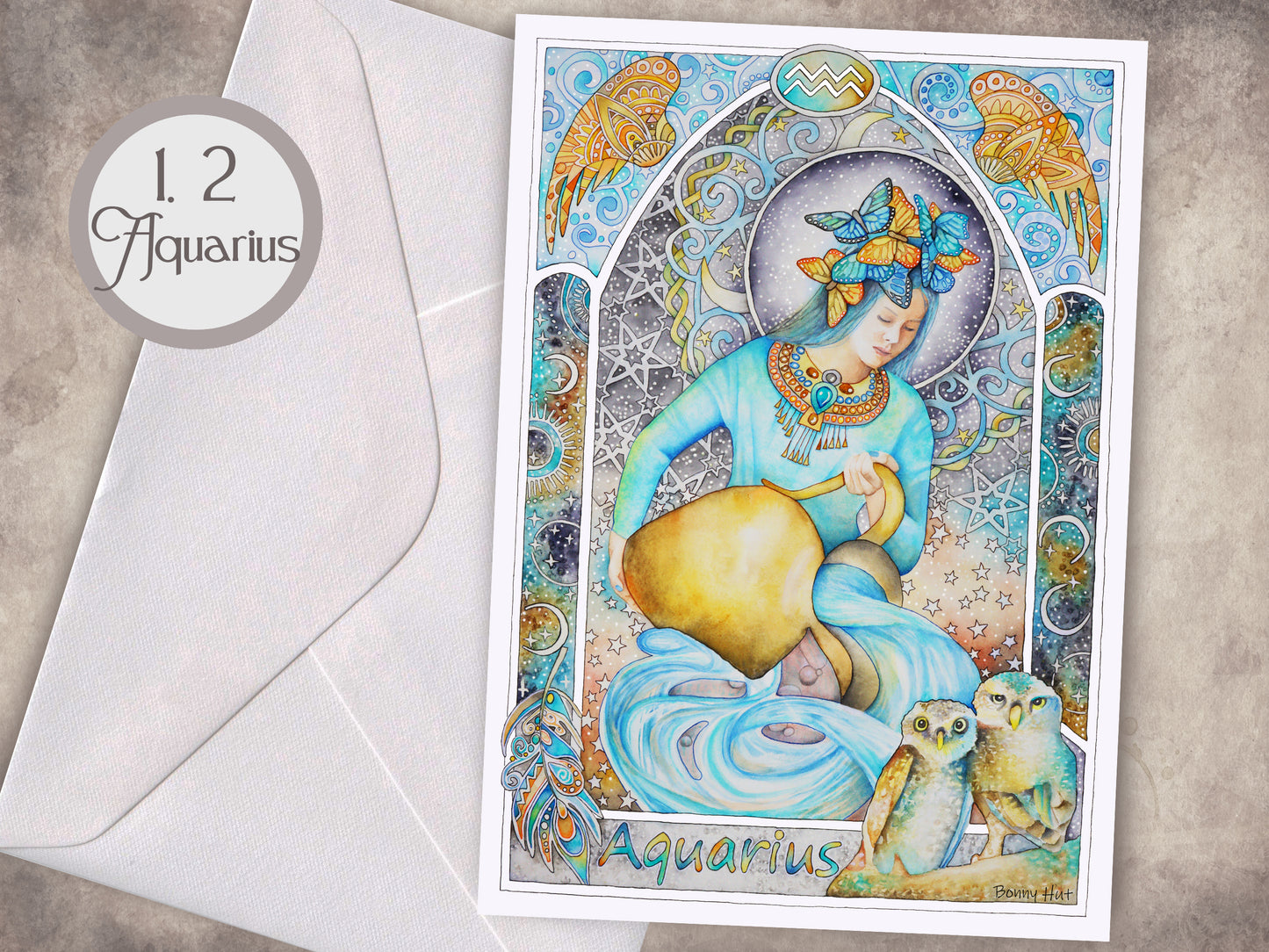 Aquarius 12 Star sign Birthday Card set. Zodiac Celestial Art Nouveau watercolor art folded cards pack or mixed option to choose from.