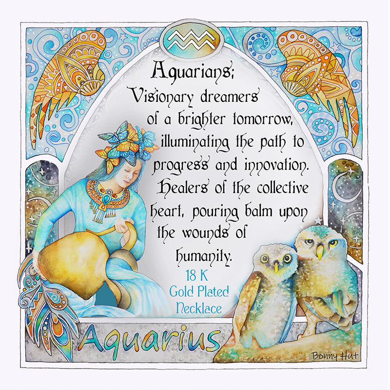 Aquarius birthday gift necklace-pendant, Zodiac star-sign jewellery gifts from our Melbourne Metaphysical store. Unique astrological celestial, esoteric, spiritual gift for the Aquarian in your life. This is an inspiring quote and image that comes with the necklace.