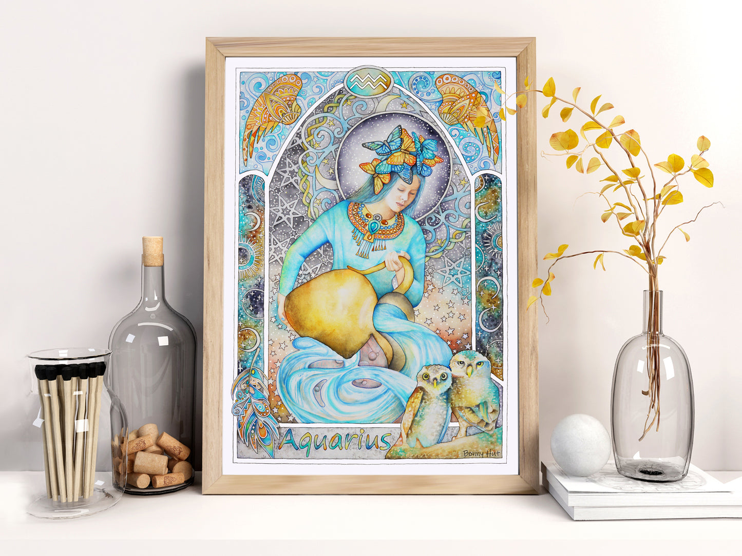 Aquarius birthday gifts, Art Nouveau Zodiac Star Sign hand-painted watercolor wall art prints, Framed print of the water bearer, element of air,