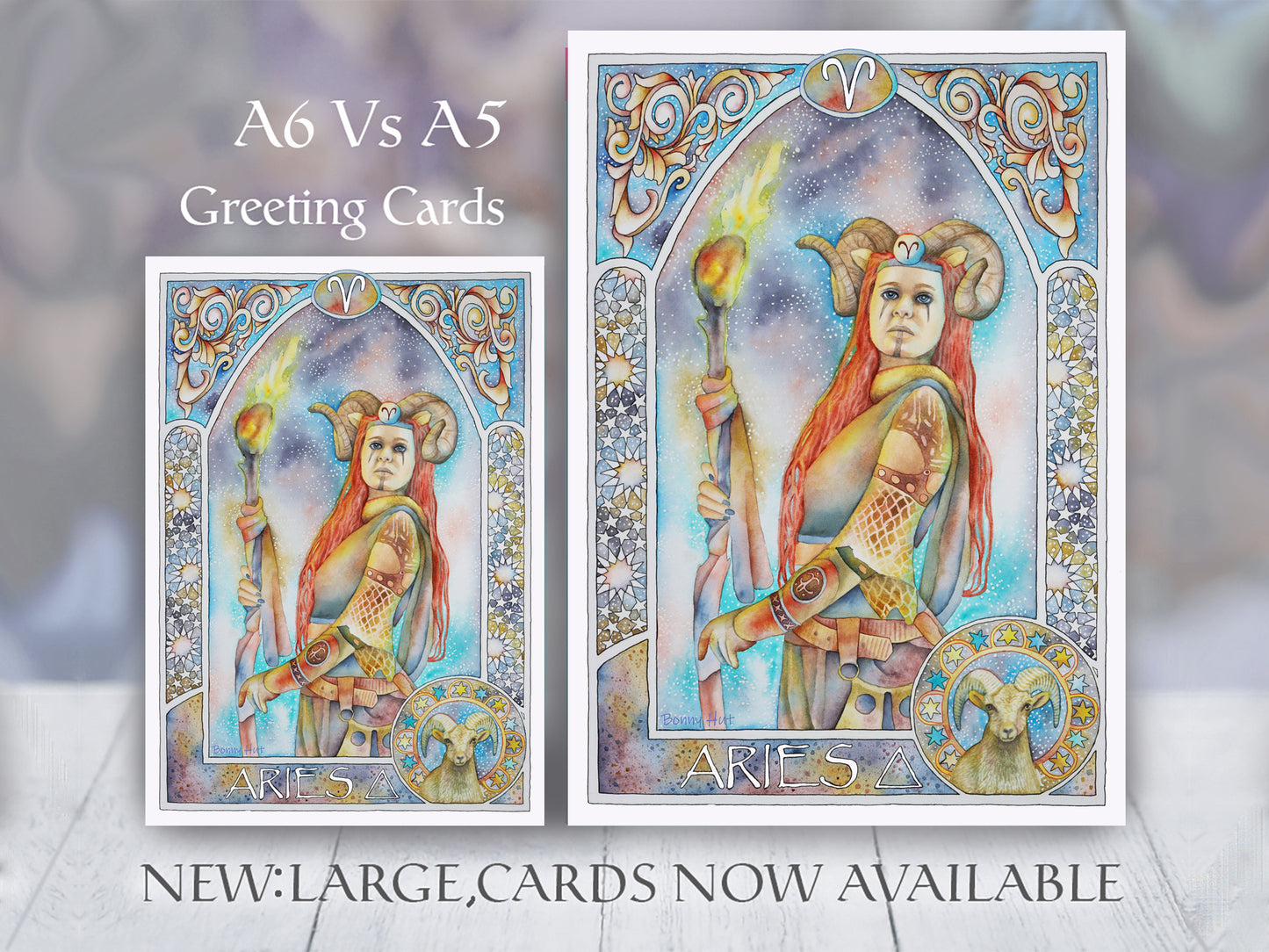 Aries Star sign Birthday Card. Zodiac Celestial Art Nouveau watercolor art folded cards. Large A5 and smaller A6 sizes.