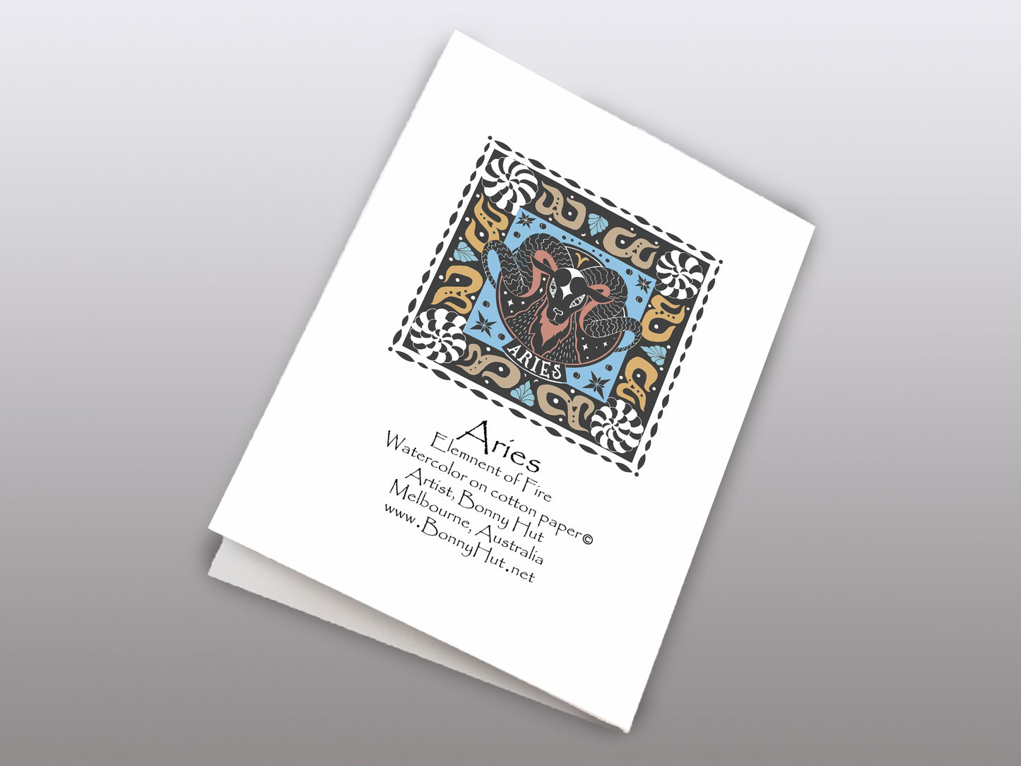 Aries Star sign Birthday Card. Zodiac Celestial Art Nouveau watercolor art folded cards. Back of card.