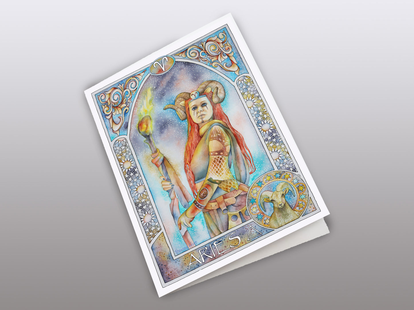 Aries Star sign Birthday Card. Zodiac Celestial Art Nouveau watercolor art folded cards. Front of card.