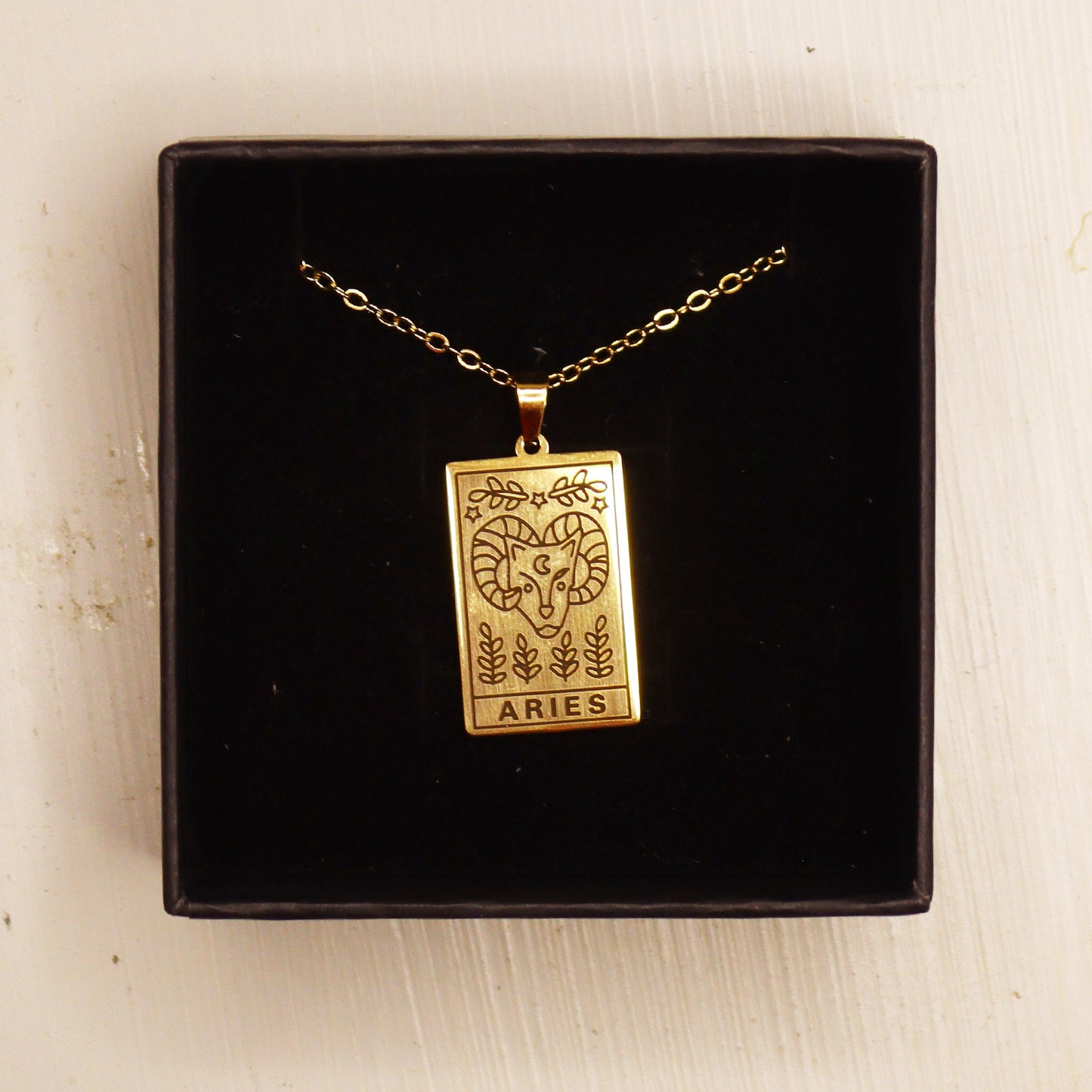 Aries birthday gift necklace-pendant, Horoscope star-sign jewellery gifts from our Bridge Between Worlds. Melbourne Metaphysical store. Unique astrological celestial, esoteric, spiritual gift for the Aries in your life. Placed in a beautiful black box.