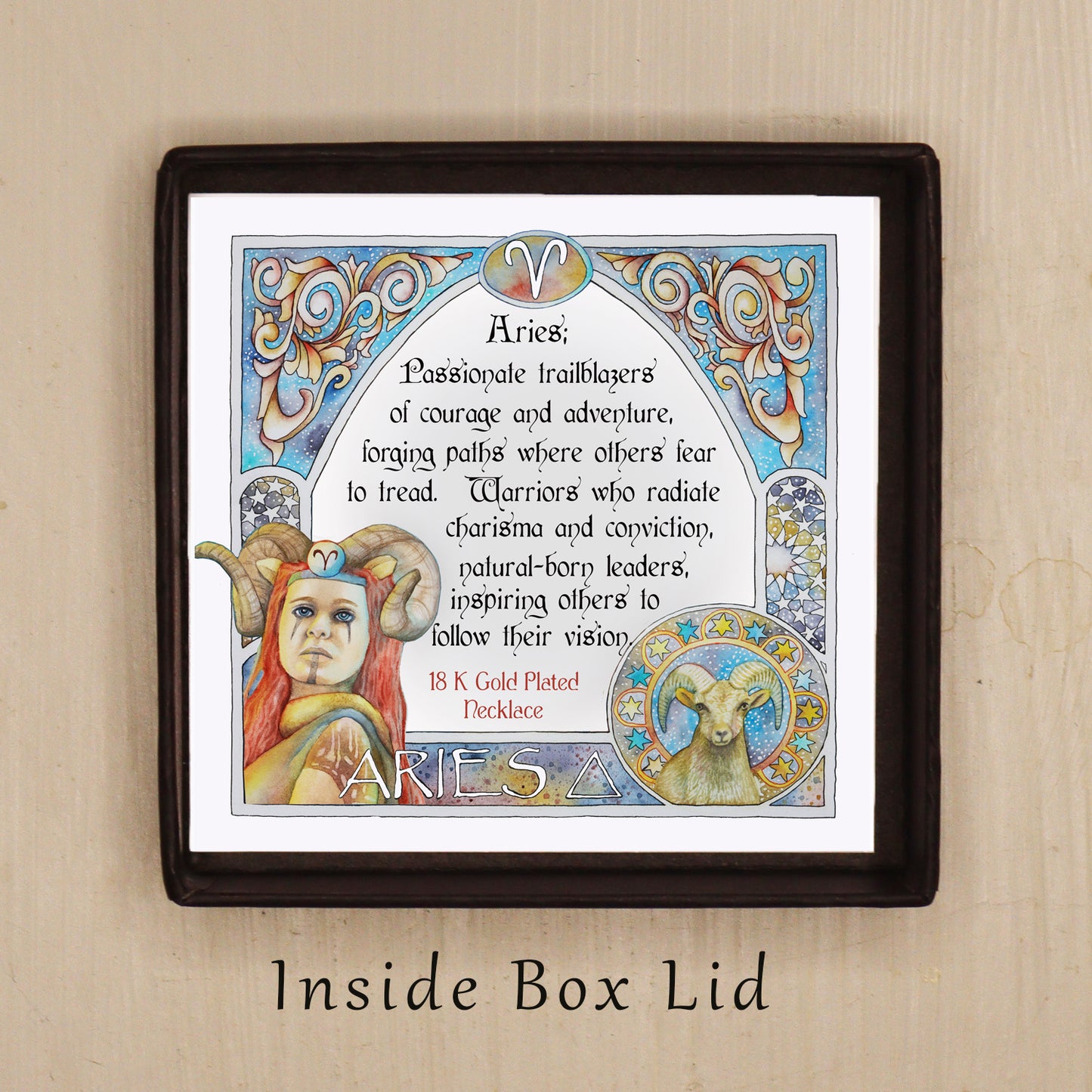 Aries birthday gift necklace-pendant, Horoscope star-sign jewellery gifts from our Bridge Between Worlds. Melbourne Metaphysical store. Unique astrological celestial, esoteric, spiritual gift for the Aries in your life. Placed in a beautiful black box. With inpirational quote and hand-painted watercolor border.