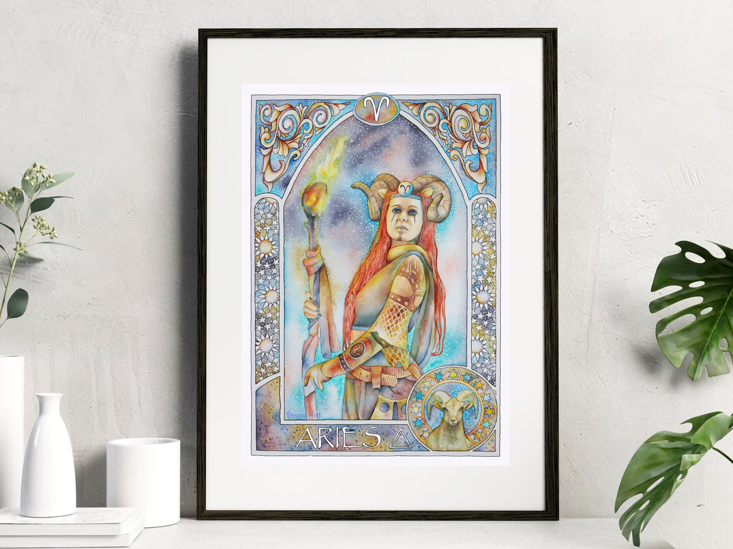 Aries birthday gifts, Aries watercolor painting framed wall art prints, Art Nouveau Zodiac Star Sign poster