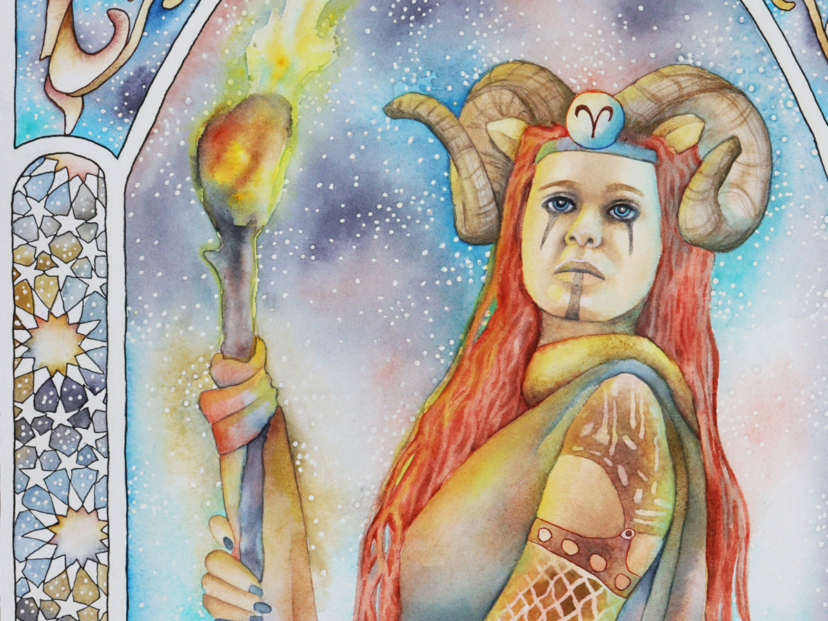 Aries birthday gifts, Aries wall art prints, Art Nouveau Zodiac Star Sign poster, watercolor painting