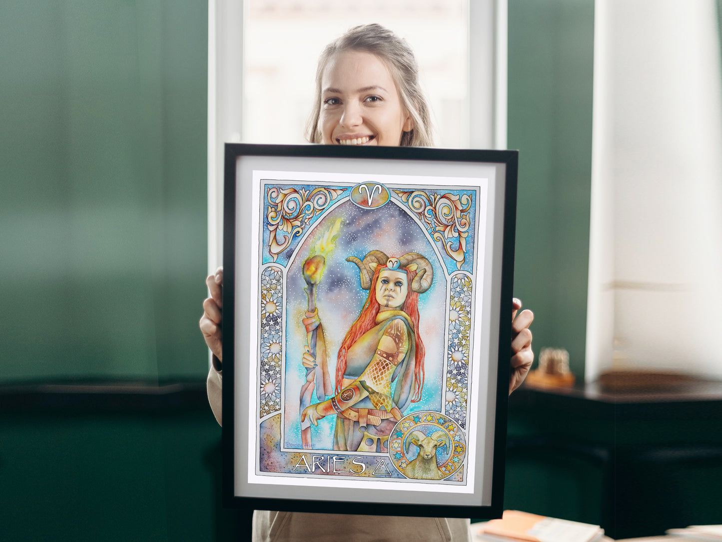 Aries birthday gifts, Aries watercolor A3 framed wall art prints, Art Nouveau Zodiac Star Sign poster