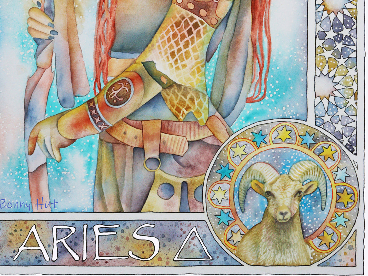 Aries birthday gifts, Aries watercolor painting wall art prints, Art Nouveau Zodiac Star Sign poster ram