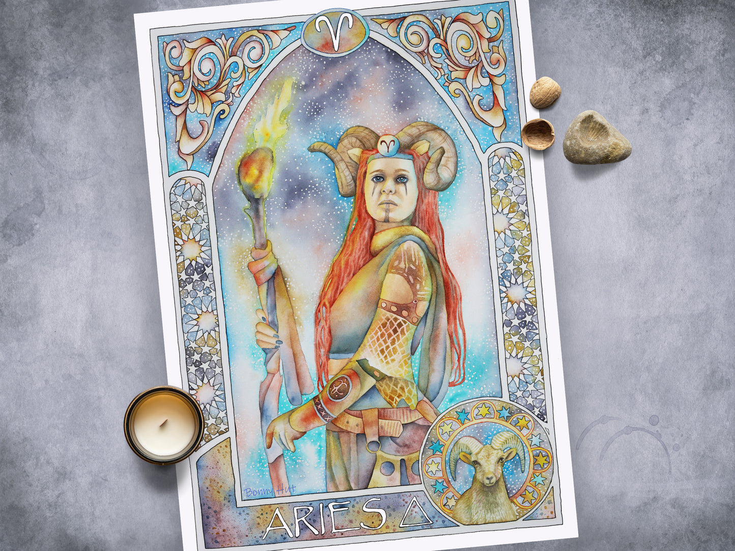 Aries birthday gifts, Aries watercolor painting wall art prints, Art Nouveau Zodiac Star Sign poster