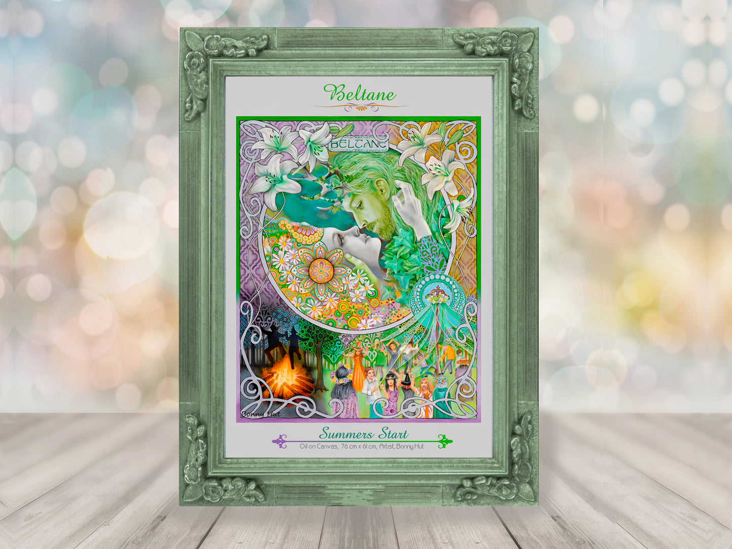 Beltane A3 Giclee art print framed - Wiccan Wheel of the Year - 8 Pagan Sabbats. Wedding handfasting of the may-queen and the greenman