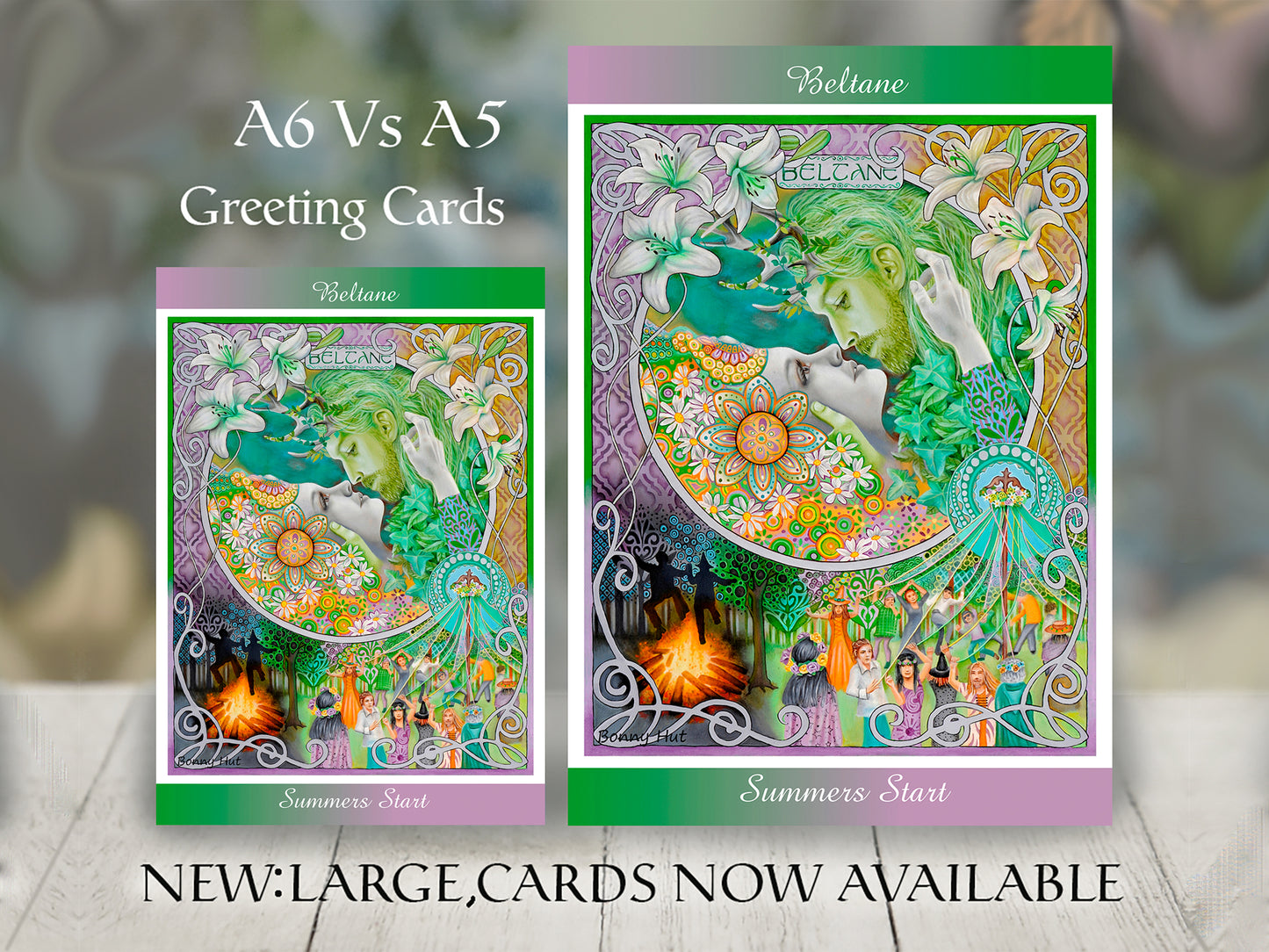 Beltane art nouveau inspired A5 A6 greeting cards framed - Wiccan Wheel of the Year Pagan Sabbat for weddings and Handfastings with the May Queen and Greenman