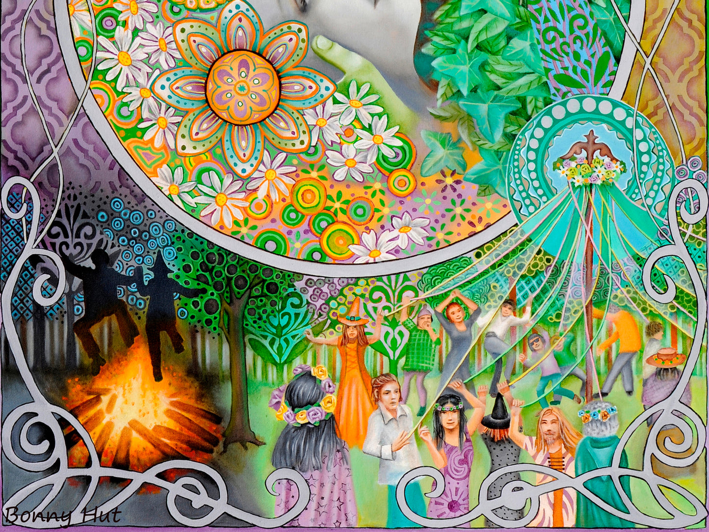 Beltane art nouveau inspired greeting cards framed - Wiccan Wheel of the Year Pagan Sabbat for weddings and Handfastings with people dancing around the maypole and jumping over the Beltane fire