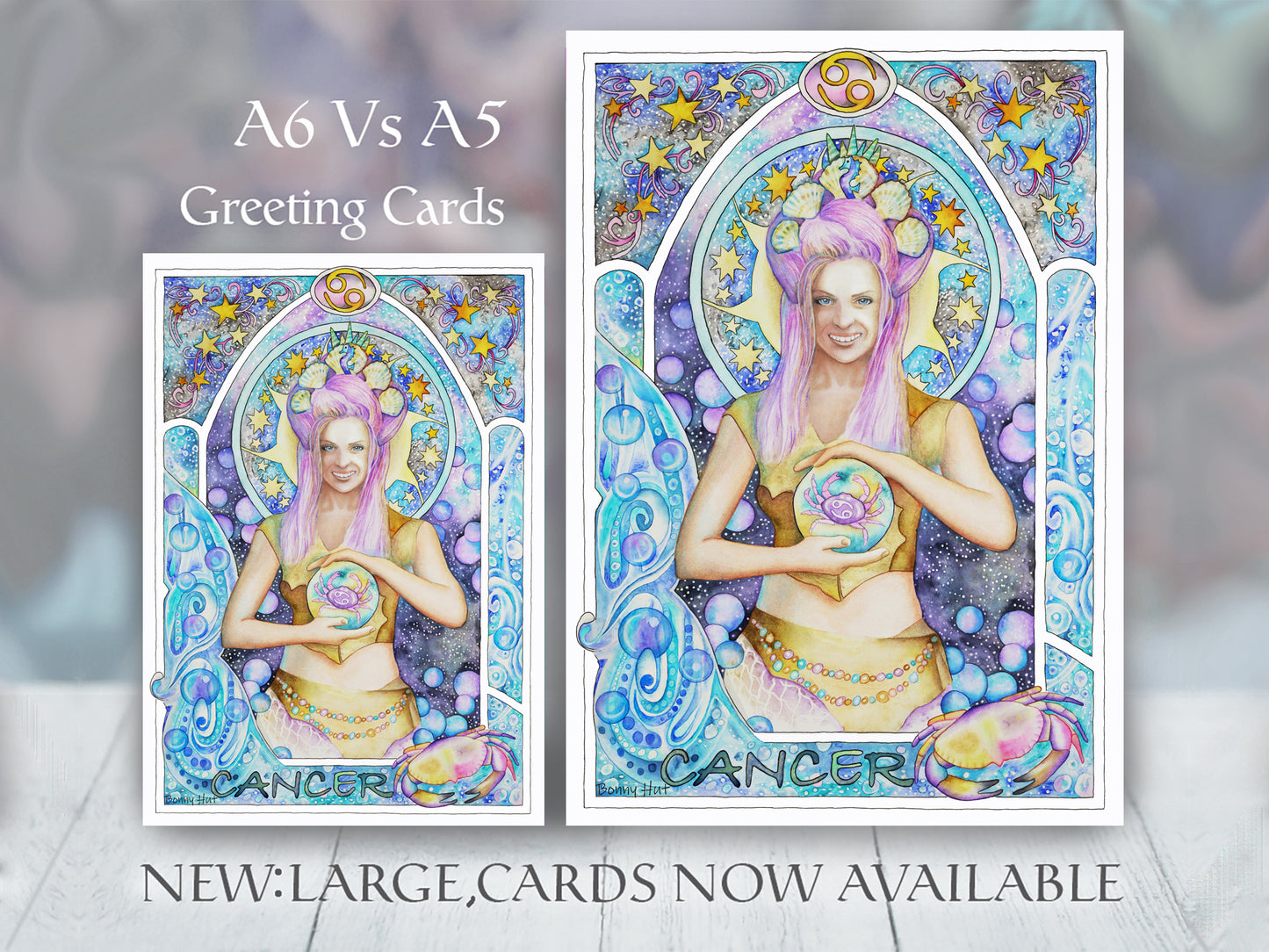 Cancer Star sign Birthday Card from our Metaphysical store. Zodiac Celestial Art Nouveau watercolor art folded cards. Large A5 and smaller a6 card sizes.