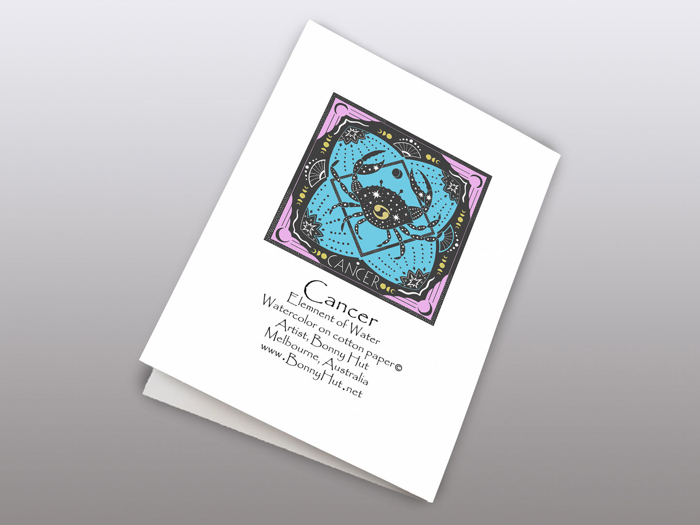 Cancer Star sign Birthday Card. Zodiac Celestial Art Nouveau watercolor art folded cards. Back of the card.