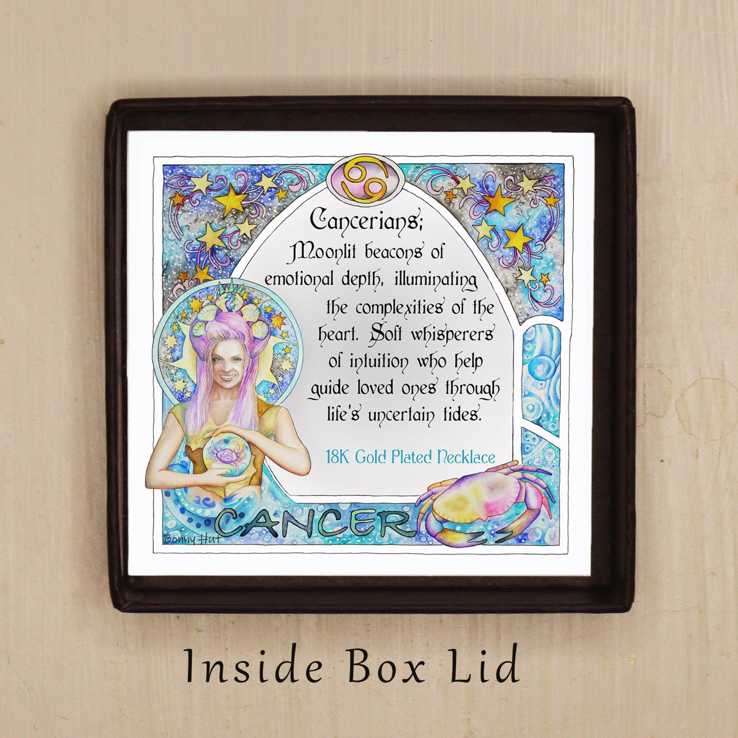 Cancer birthday gift necklace-pendant, Zodiac star-sign jewellery. Spiritual Esoteric gifts for her. Great for horoscope astrology lovers. Inspiring phrase quote set in a beautiful art nouveau watercolor border frame.