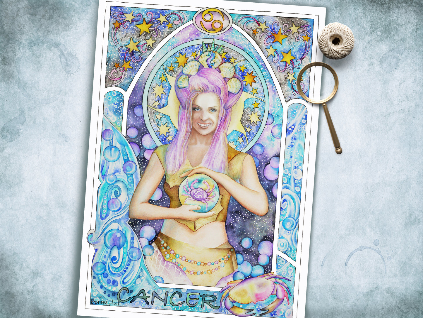 Cancer watercolor wall art prints, Art Nouveau Zodiac Star Sign birthday gifts from our Metaphysical store.