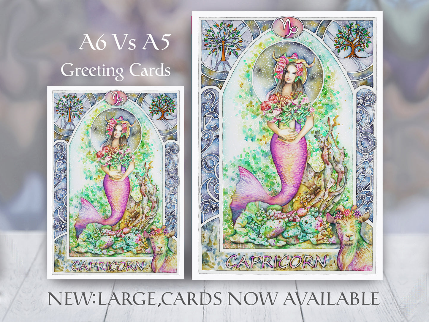 Capricorn Star sign Birthday Card. Zodiac Celestial Art Nouveau watercolor art folded cards. Large A5 and smaller A6 sizes.
