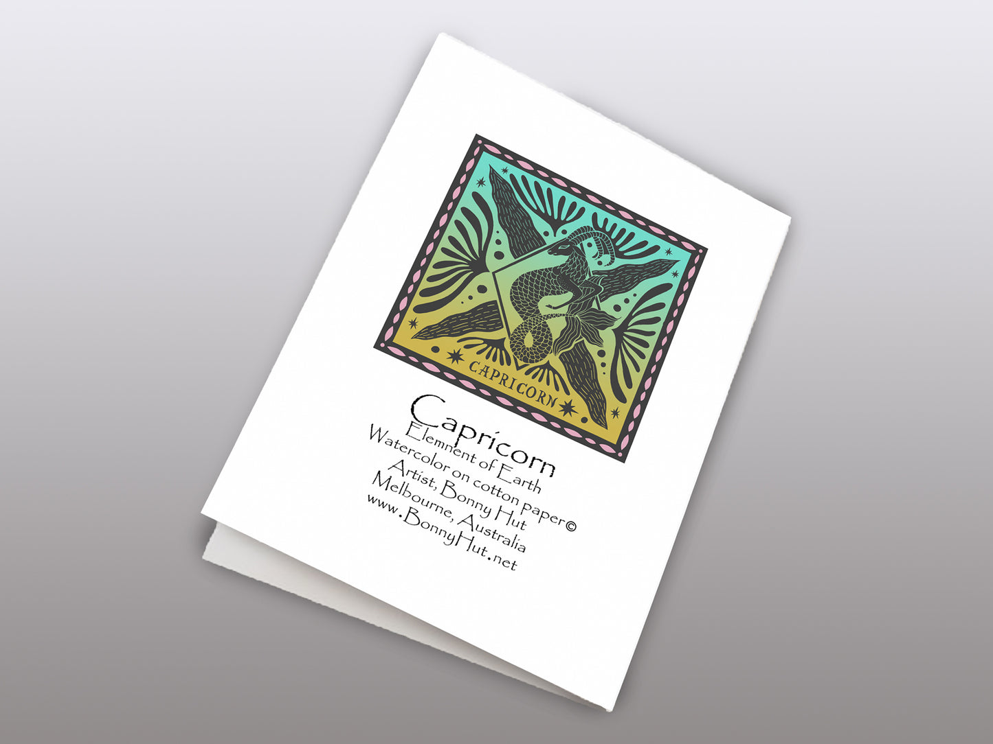 Capricorn Star sign Birthday Card. Zodiac Celestial Art Nouveau watercolor art folded cards. Back of the card.