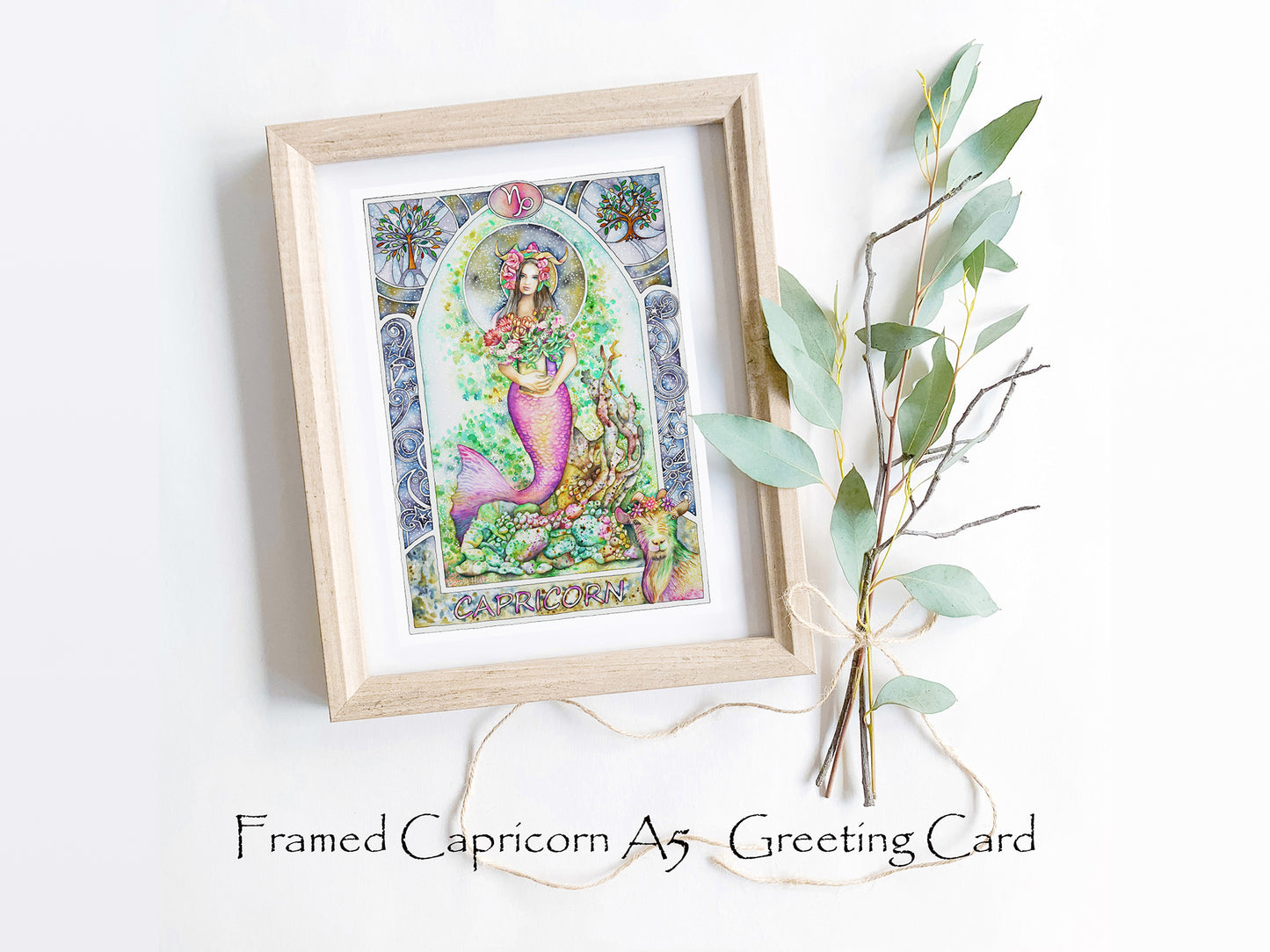 Capricorn Star sign Birthday Card. Zodiac Celestial Art Nouveau watercolor art folded cards. Framed card.