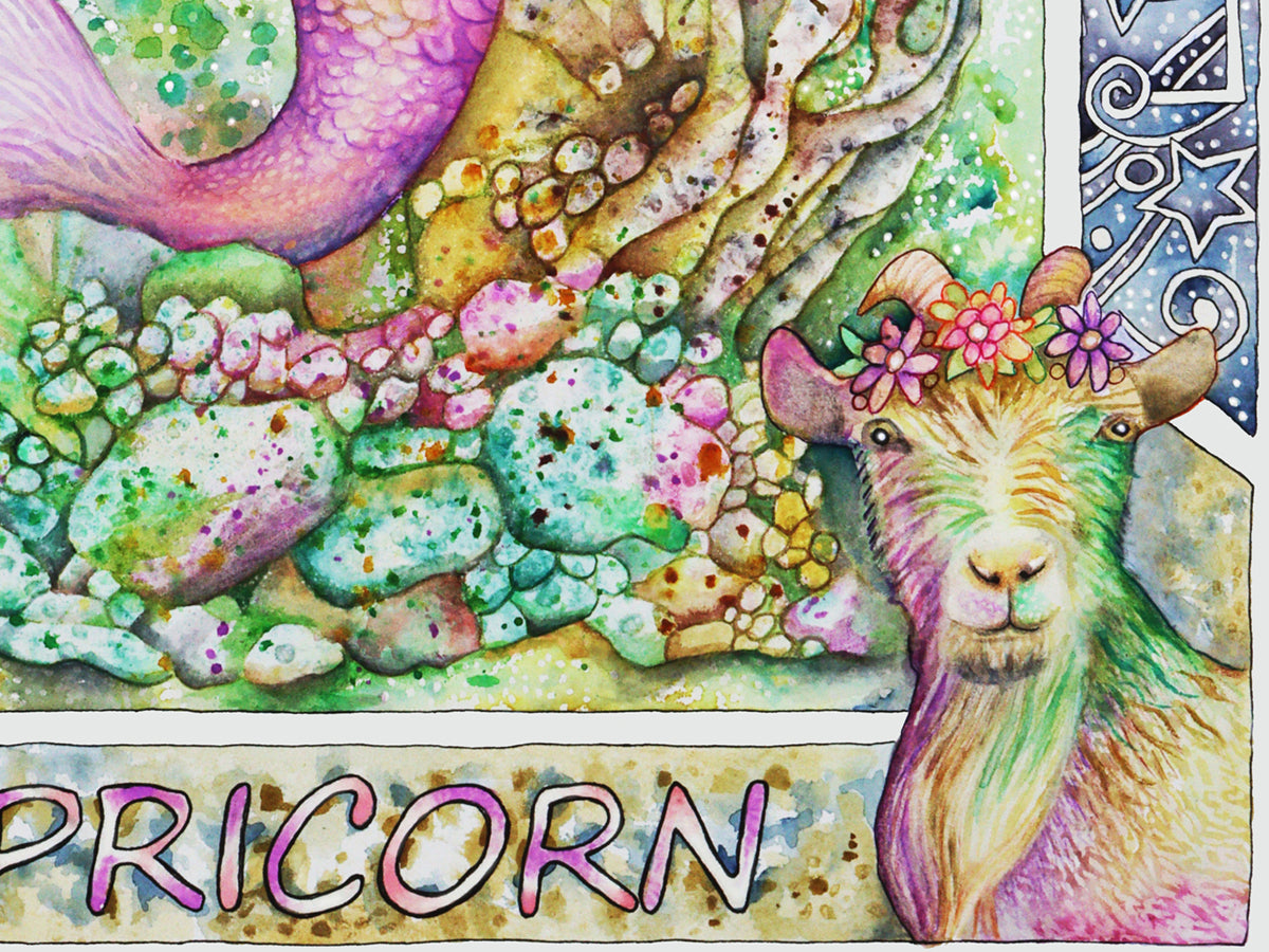 Capricorn Star sign Birthday Card. Zodiac Celestial Art Nouveau watercolor art folded cards. Goat detail.