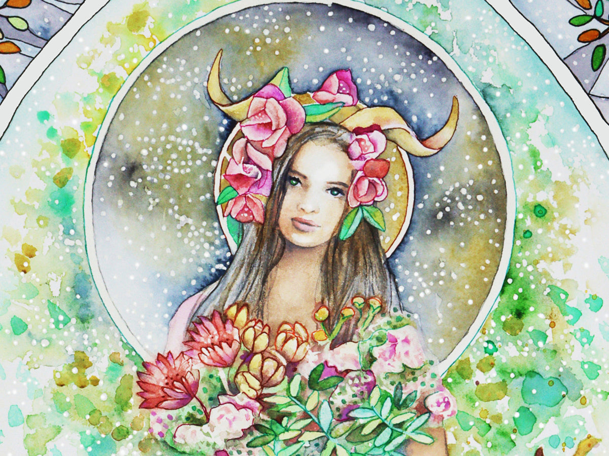 Capricorn Star sign Birthday Card. Zodiac Celestial Art Nouveau watercolor art folded cards. Portrait detail.