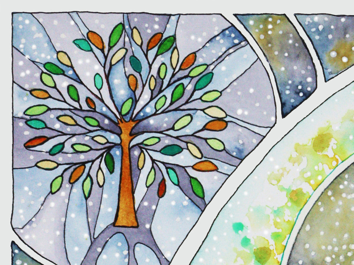 Capricorn Star sign Birthday Card. Zodiac Celestial Art Nouveau watercolor art folded cards. Tree detail.