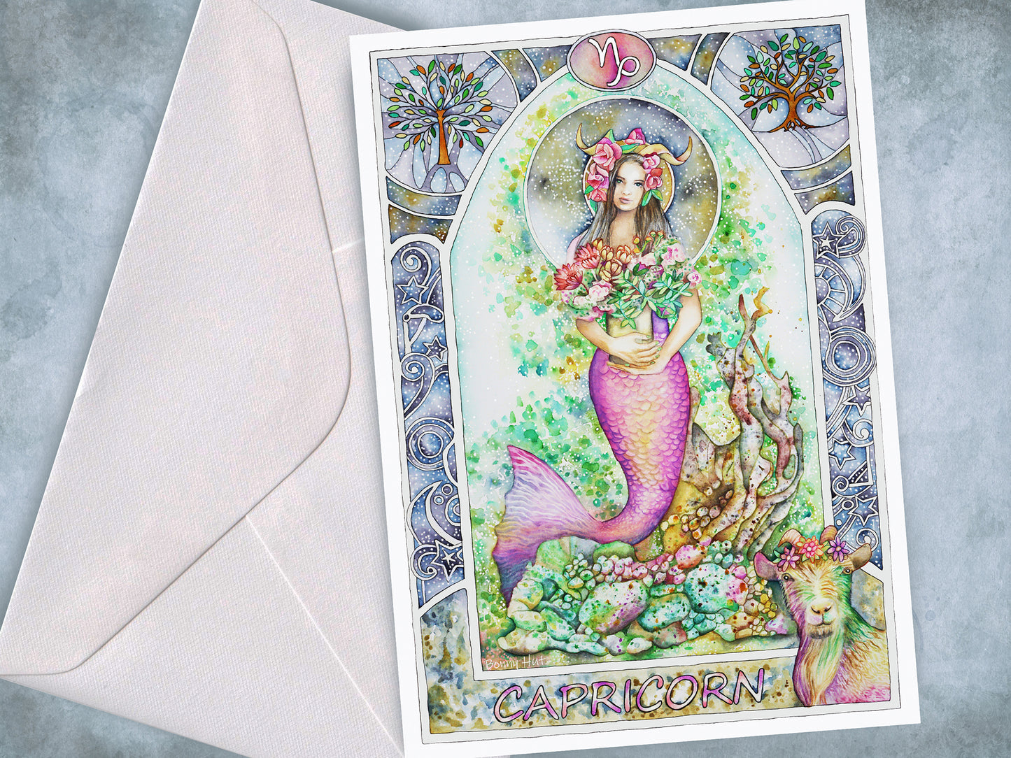 Capricorn Star sign Birthday Card. Zodiac Celestial Art Nouveau watercolor art folded cards.