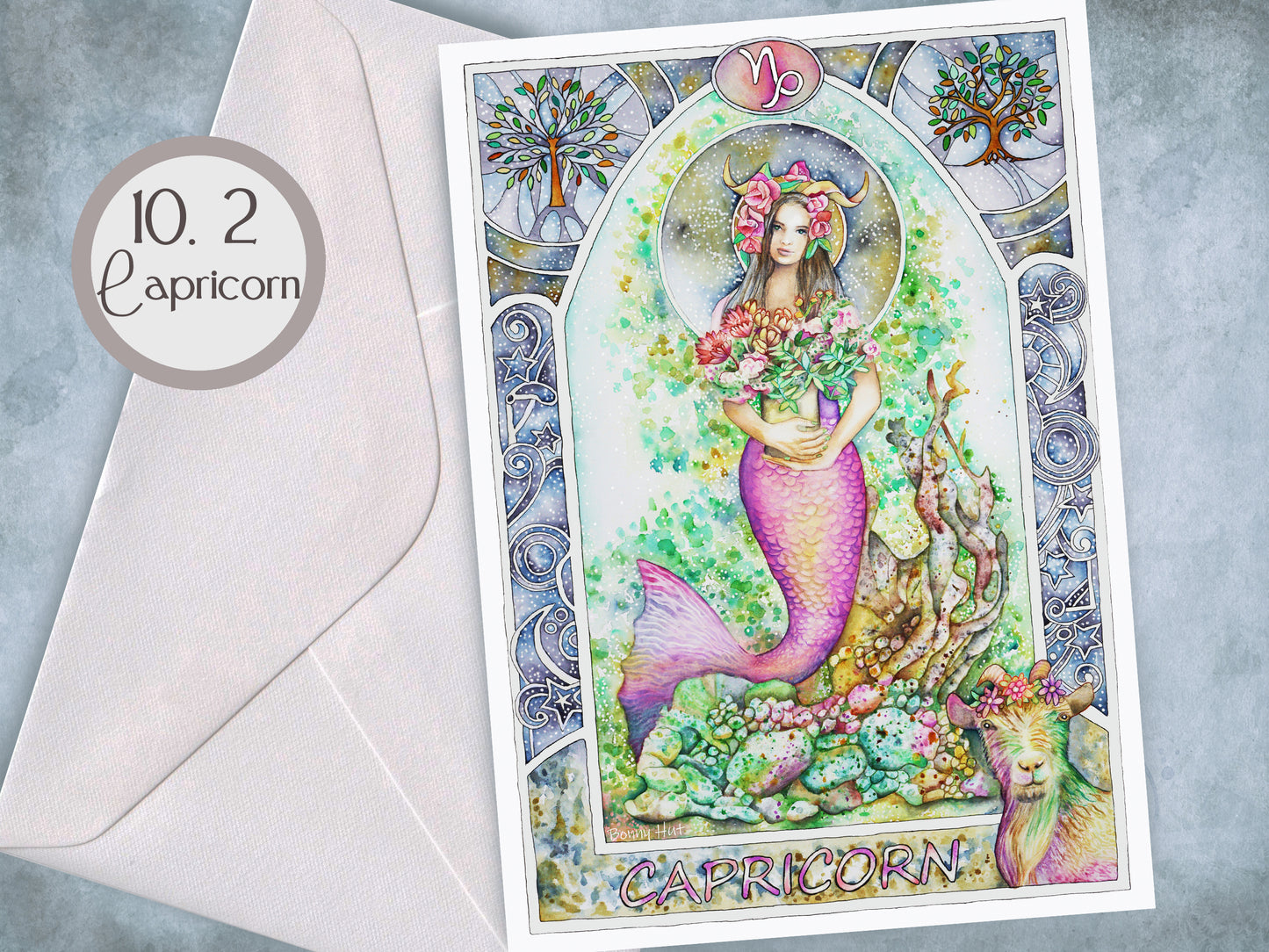 Capricorn - 12 Star sign Birthday Card set. Zodiac Celestial Art Nouveau watercolor art folded cards pack or mixed option to choose from.