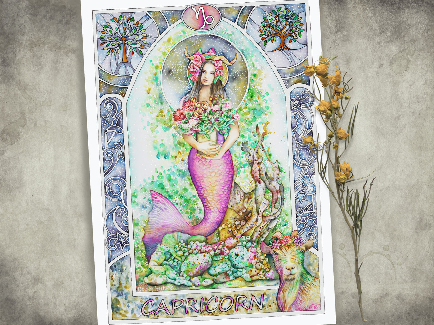 Capricorn watercolor wall art prints, Art Nouveau Zodiac Star Sign birthday gifts from our Metaphysical store.