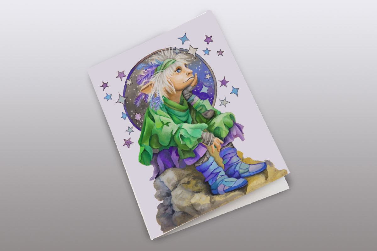Greeting card with a colorful illustration of a spiritual pixie shaman character on a gray background.
Downloadable, printable wall art reproduced from a hand-painted gouache painting. Instant access digital product.