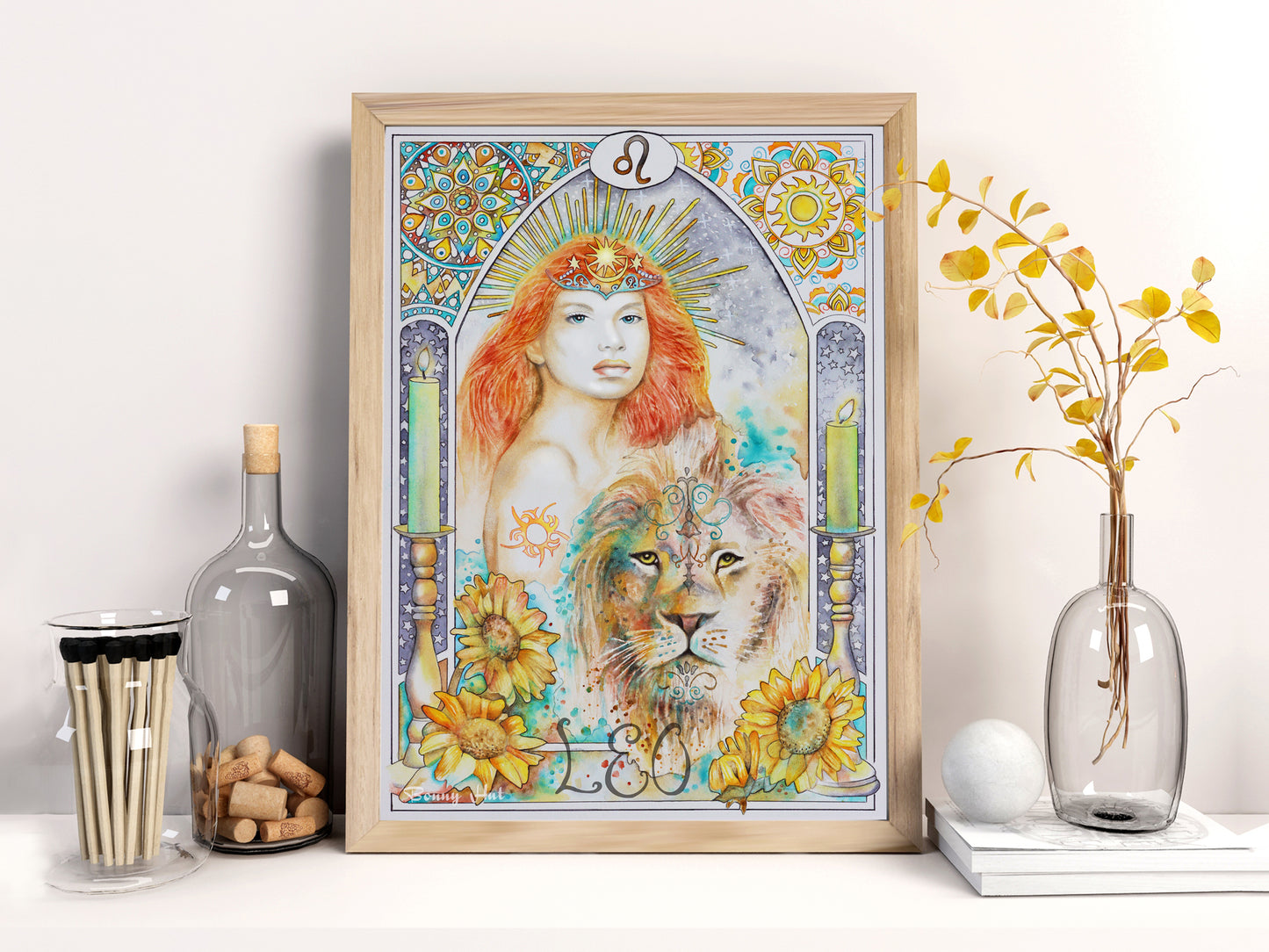 Leo watercolor framed wall art prints, Art Nouveau Zodiac Star Sign birthday gifts from our Metaphysical store with the Sun Goddess and her lion. Focusing on the element of fire.