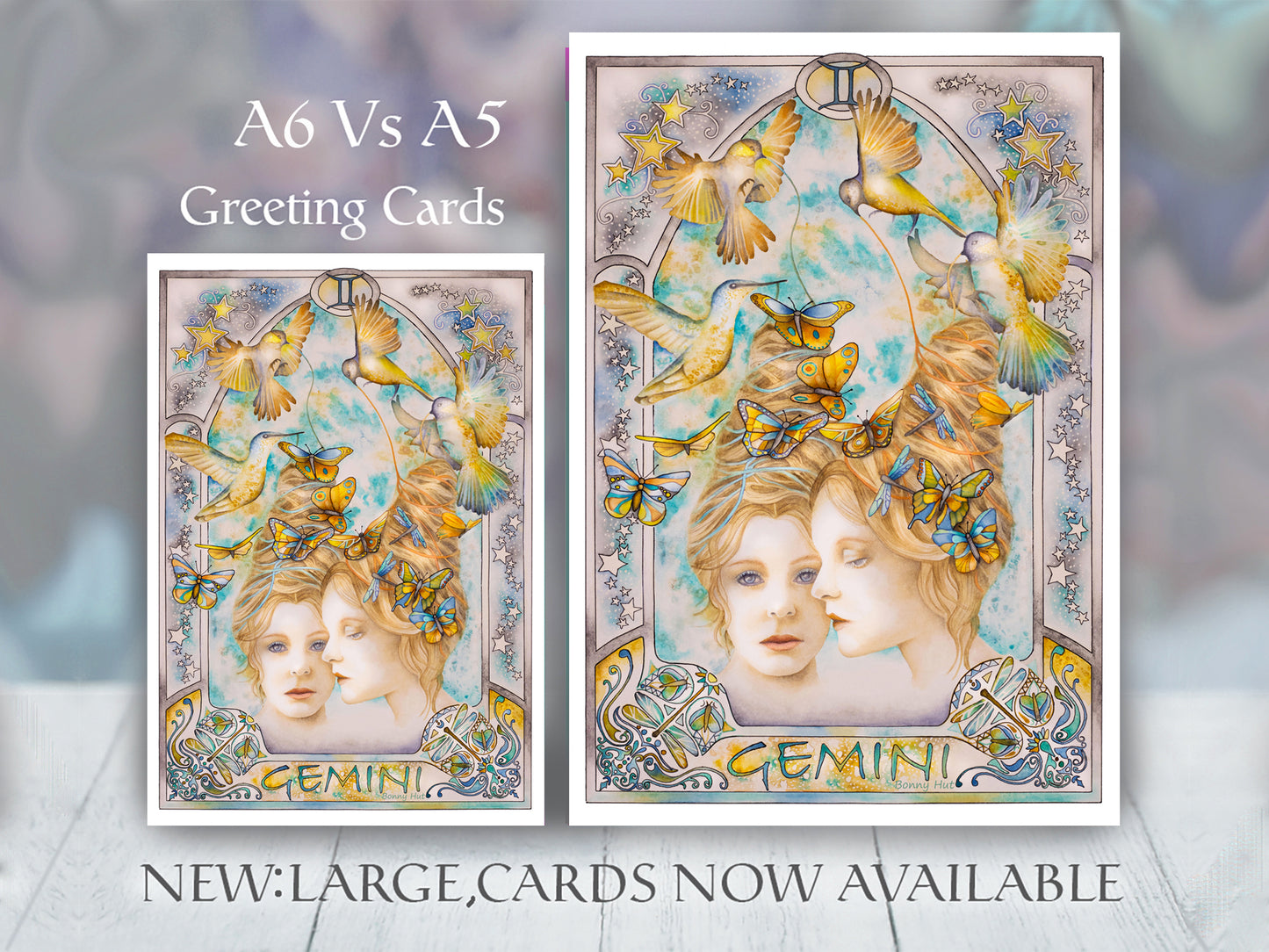 Gemini Star sign Birthday Card. Zodiac Celestial Art Nouveau watercolor art folded cards. Large A5 size and smaller A6 size