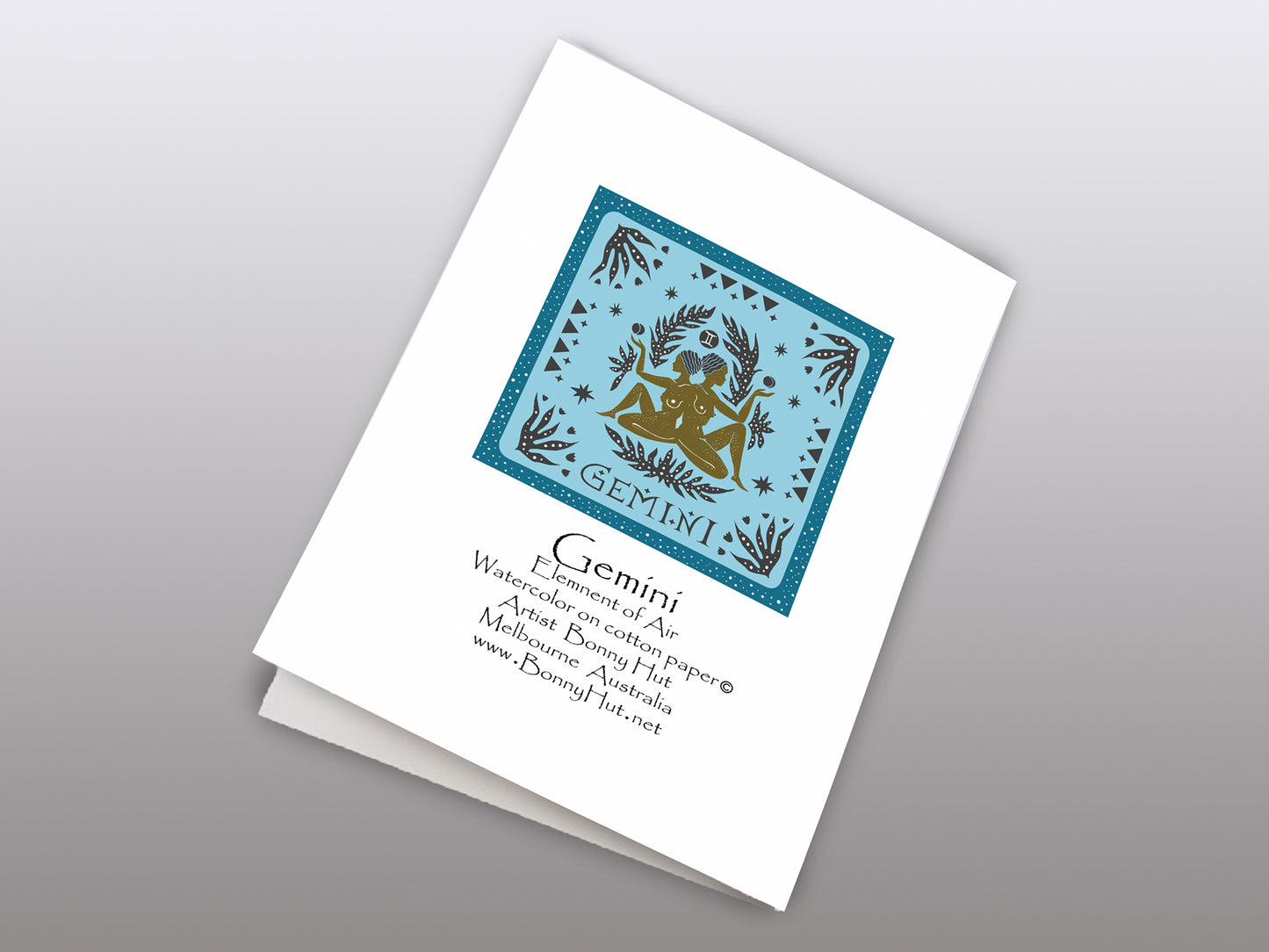Gemini Star sign Birthday Card. Zodiac Celestial Art Nouveau watercolor art folded cards. Back of the card.