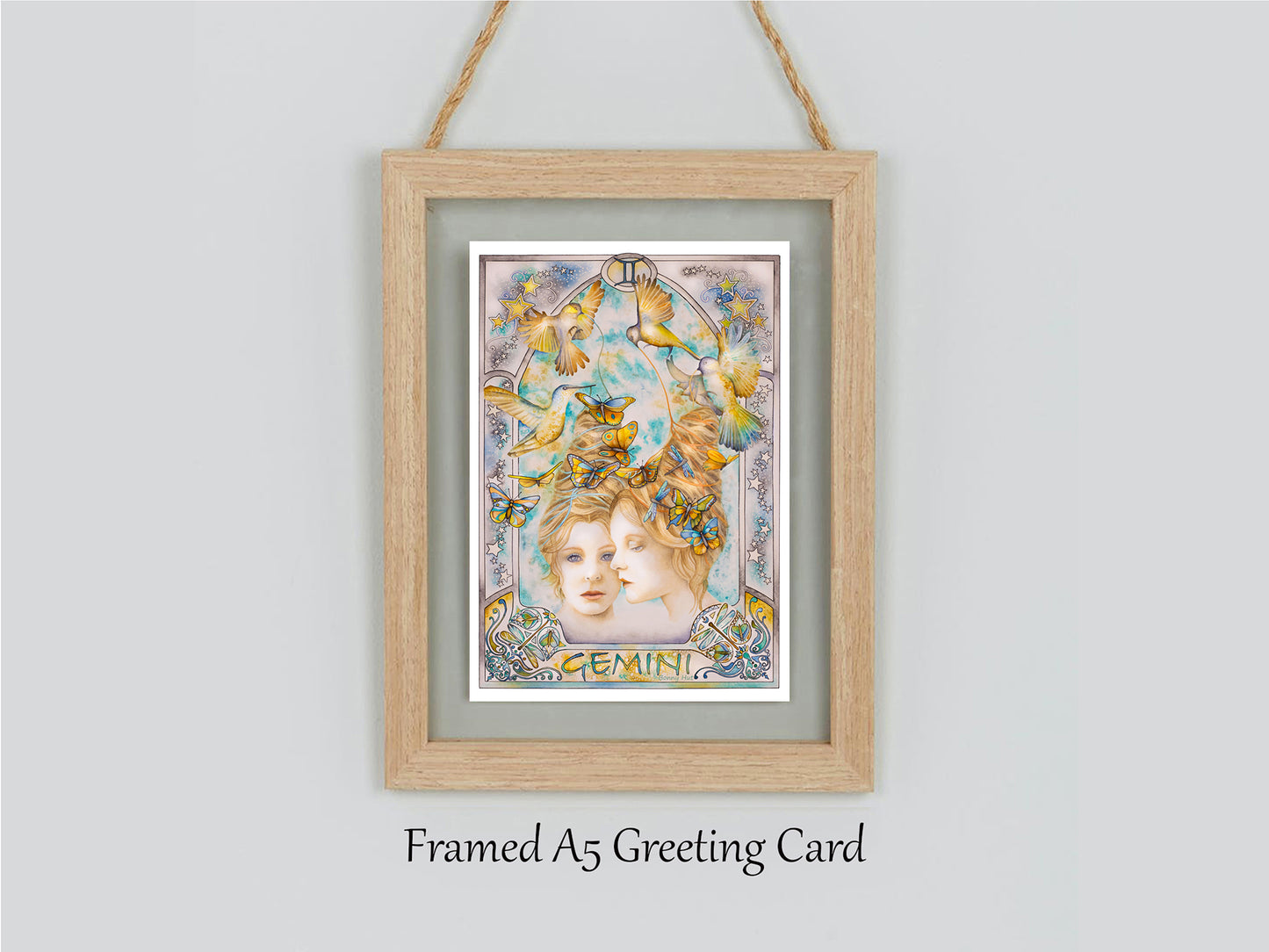 Gemini Star sign Birthday framed Card. Zodiac Celestial Art Nouveau watercolor art folded cards.