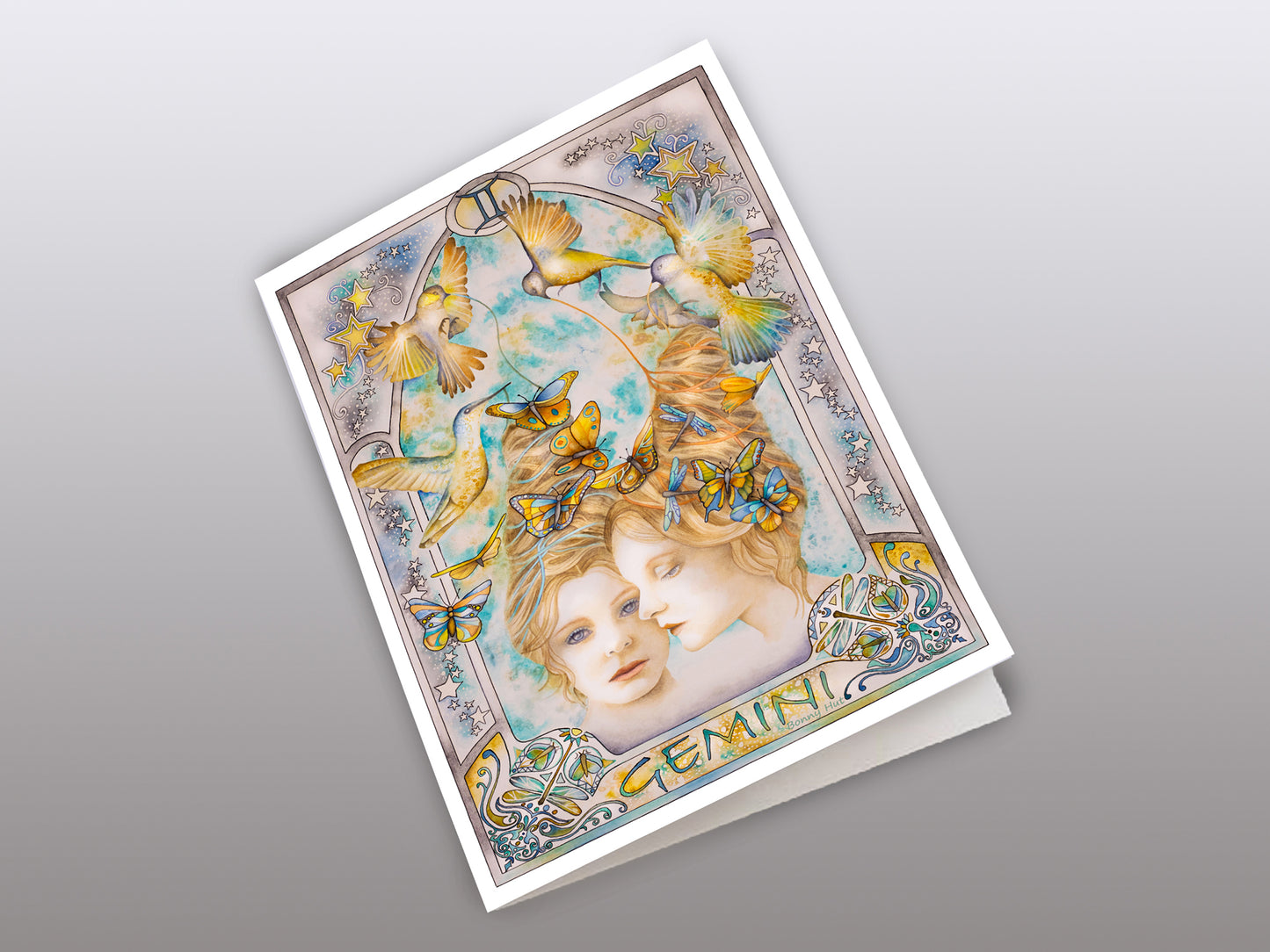 Gemini Star sign Birthday Card. Zodiac Celestial Art Nouveau watercolor art folded cards. Front of the card.