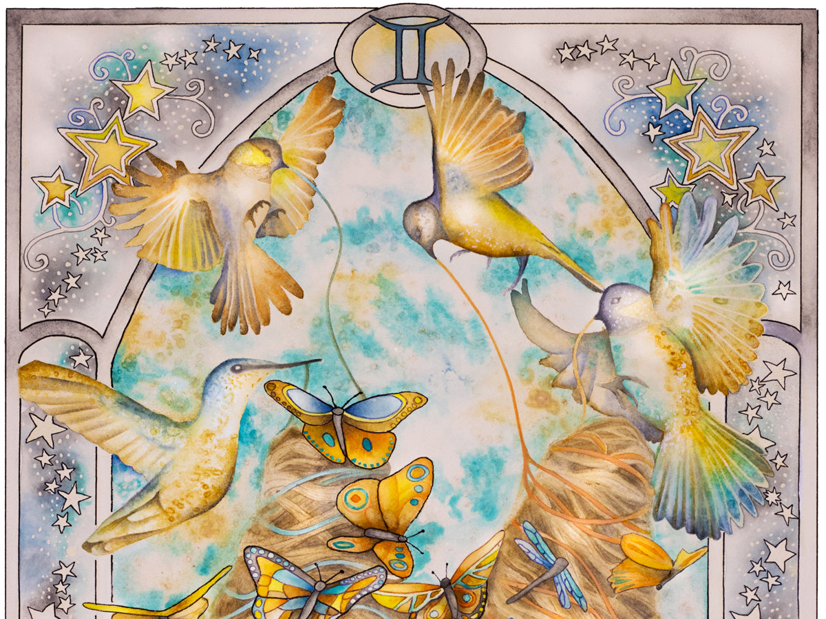 Gemini watercolor wall art prints, Art Nouveau Zodiac Star Sign birthday gifts from our Metaphysical store. A detail of the birds representing the element of air.
