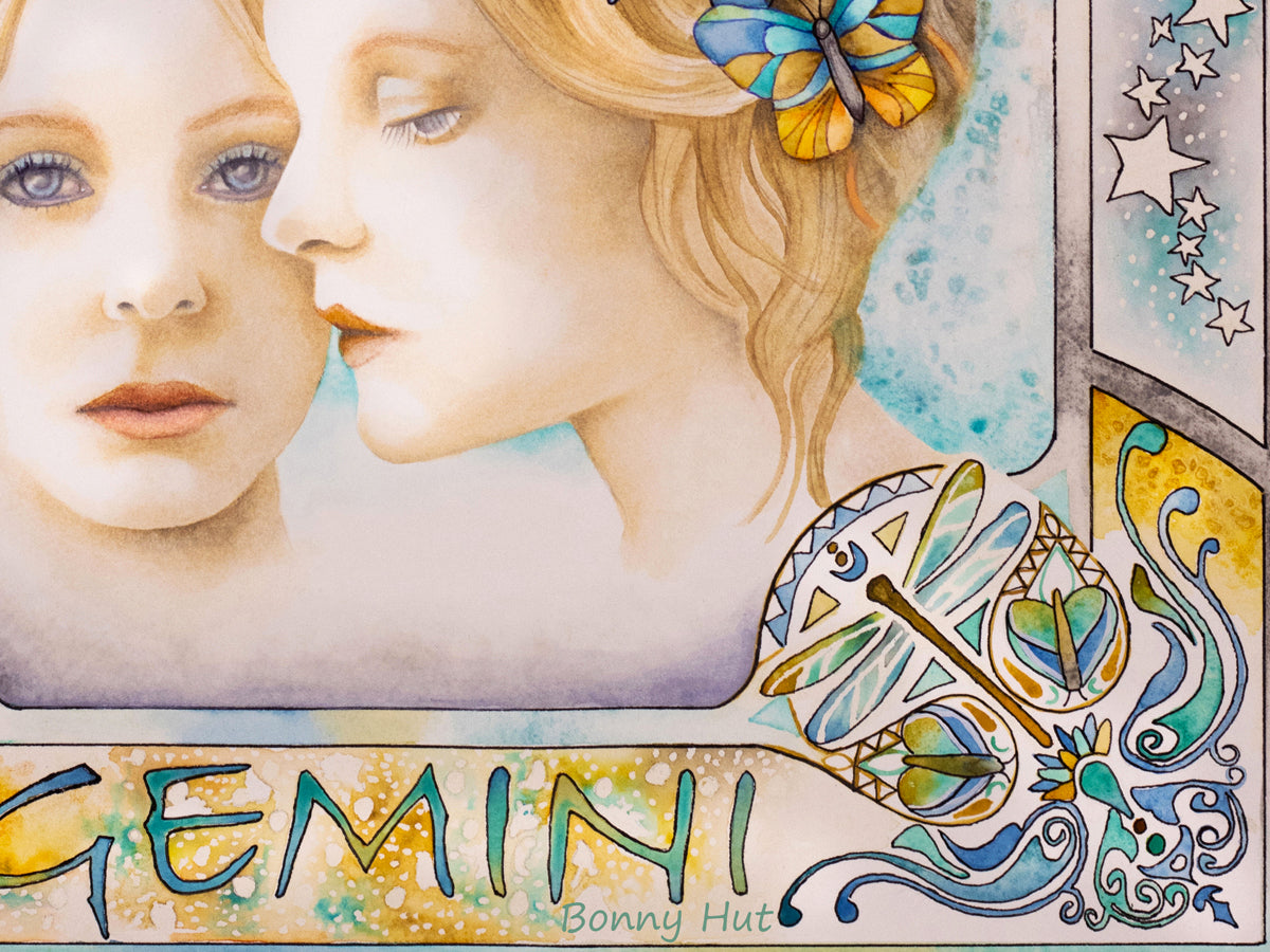 Gemini watercolor wall art prints, Art Nouveau Zodiac Star Sign birthday gifts from our Metaphysical store. Corner detail of the painting.