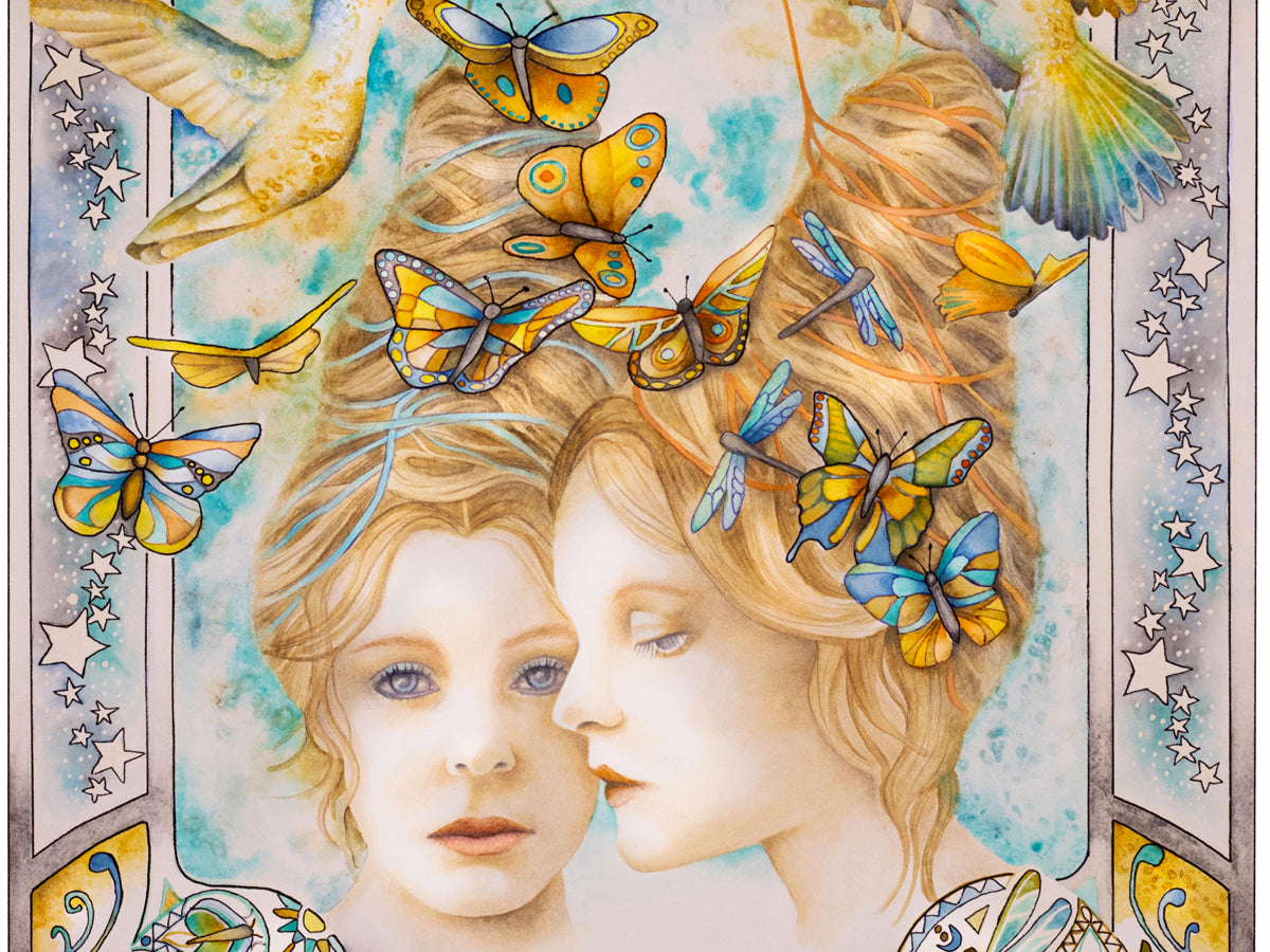 Gemini watercolor wall art prints, Art Nouveau Zodiac Star Sign birthday gifts from our Metaphysical store. Portrait detail of the twins.