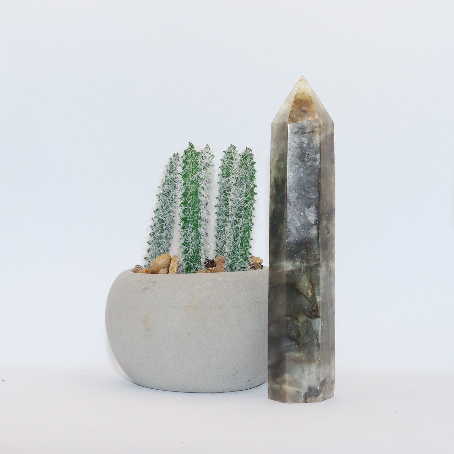 Dark green Labradorite stone Crystal Hexagonal Tower / Obelisk. Esoteric spiritual gifts from our New Age metaphysical store based in Melbourne Autralia.