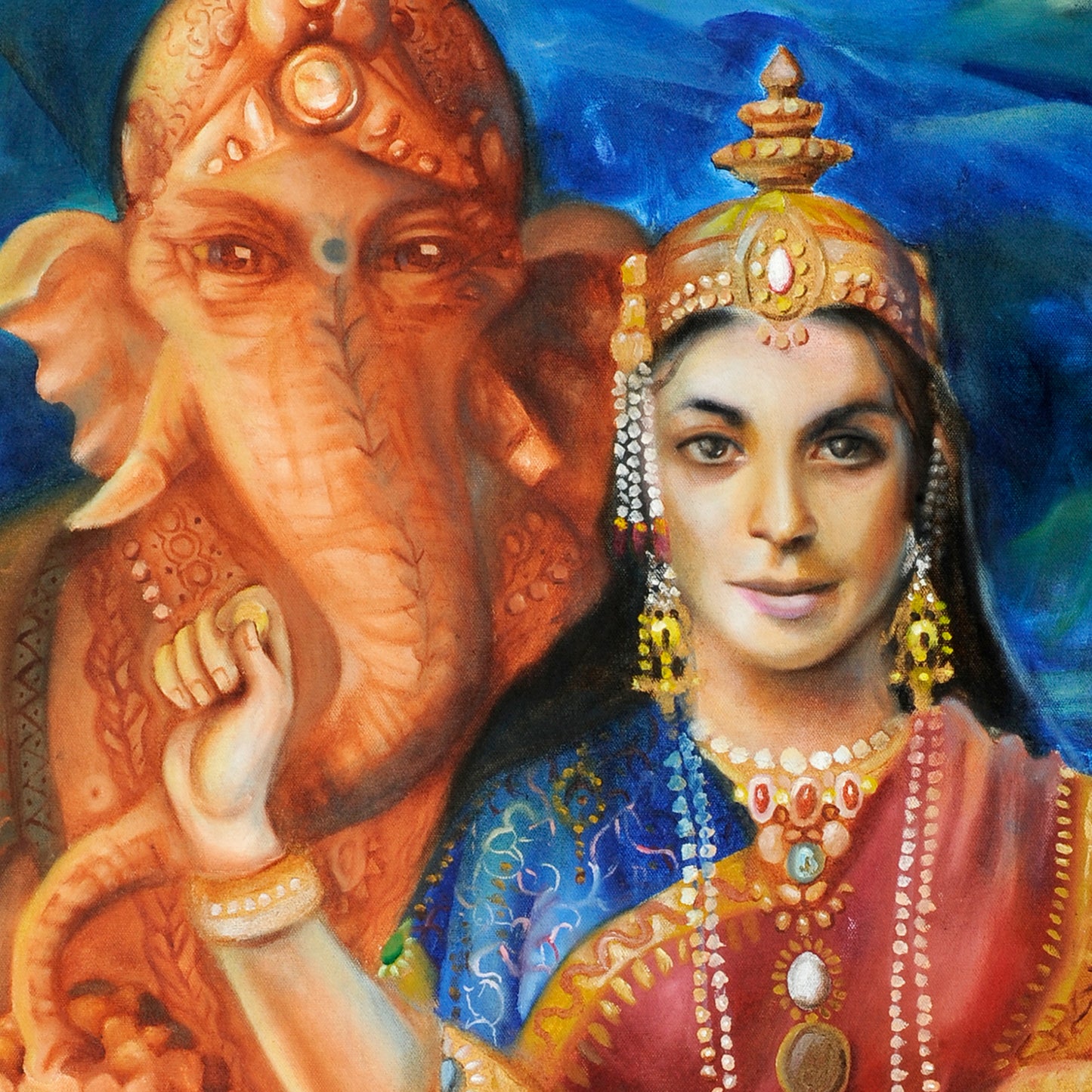 Lakshmi and Ganesh wall Art Print, Hindu mythology. Goddess of prosperity and beauty. Elephant God who is the remover of opstacles. Reproduced from an original oil painting. Portraits.