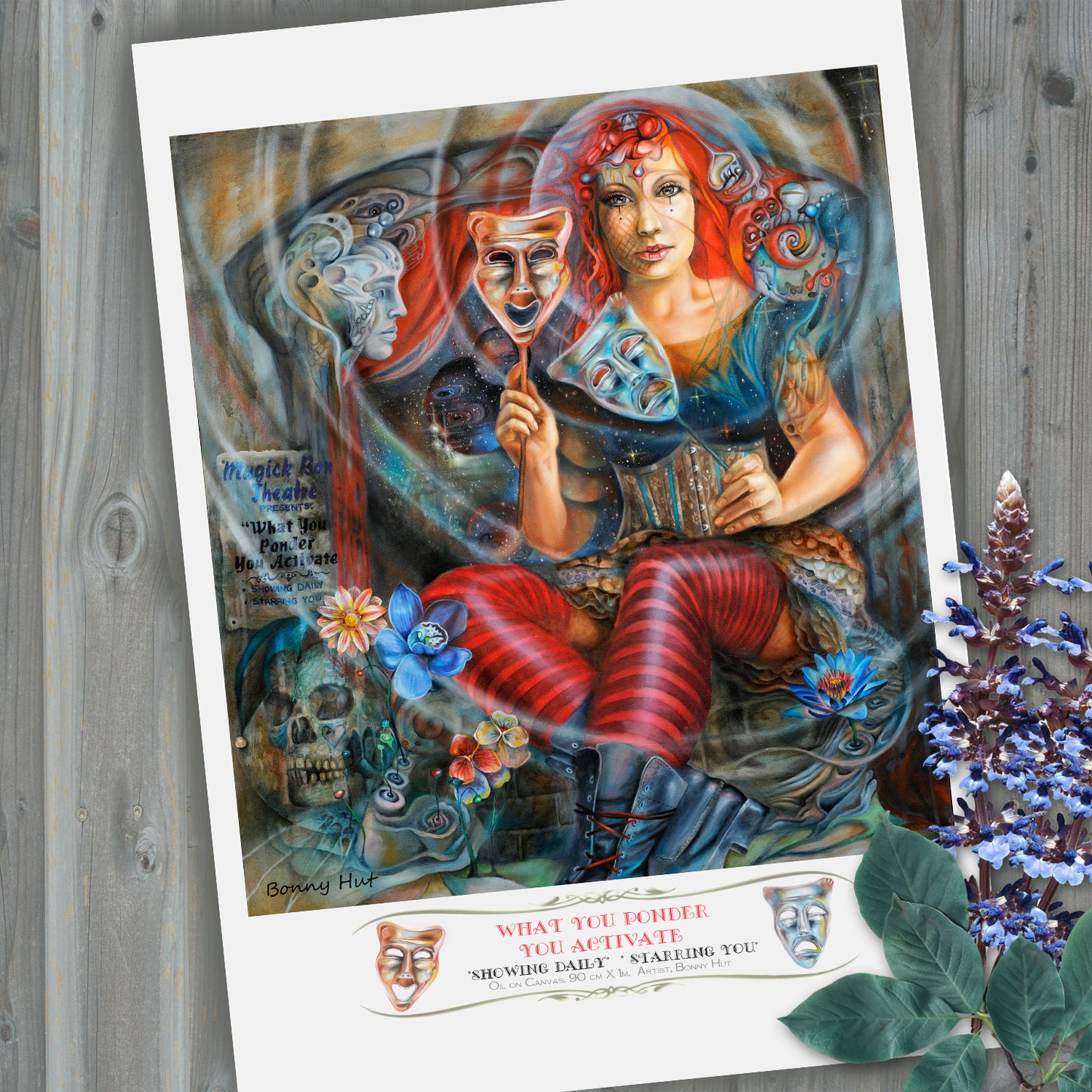 Law of Attraction Esoteric wall art print. Carnival Theatre Surreal Visionary art reproduced from an original oil painting. Portrait of a woman in front of a stage holding comedy tragedy masks.