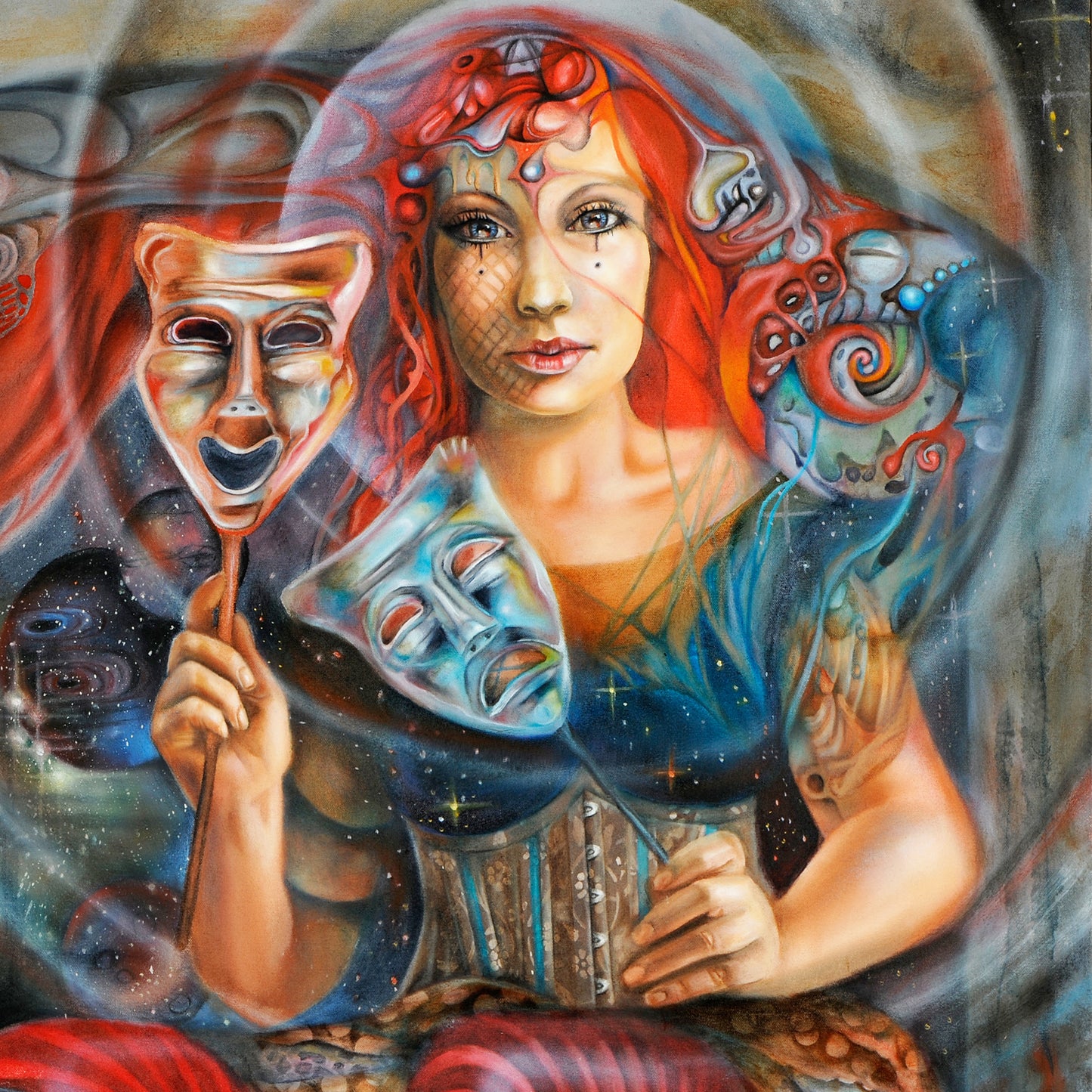 Law of Attraction Esoteric wall art print. Carnival Theatre Surreal Visionary art reproduced from an original oil painting. Portrait of woman holding comedy tragedy masks.