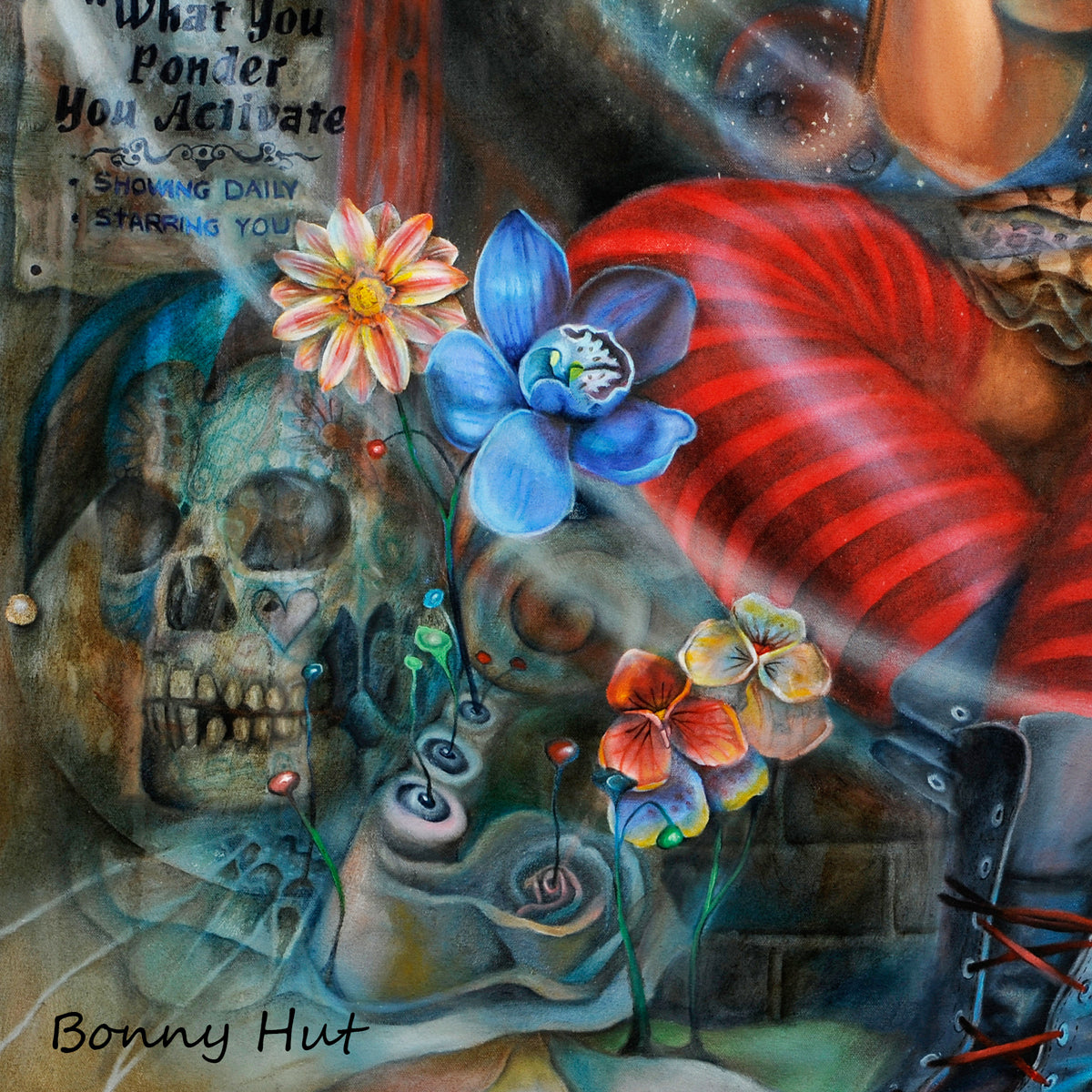 Law of Attraction Esoteric wall art print. Carnival Theatre Surreal Visionary art reproduced from an original oil painting. Scull detail.