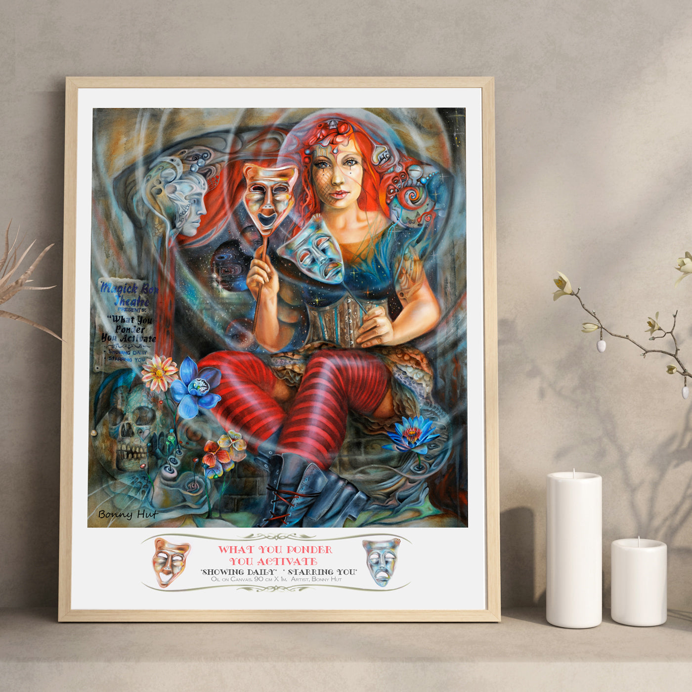 Law of Attraction Esoteric wall art print. Carnival Theatre Surreal Visionary art reproduced from an original oil painting. A woman in front of a stage holding comedy tragedy masks.