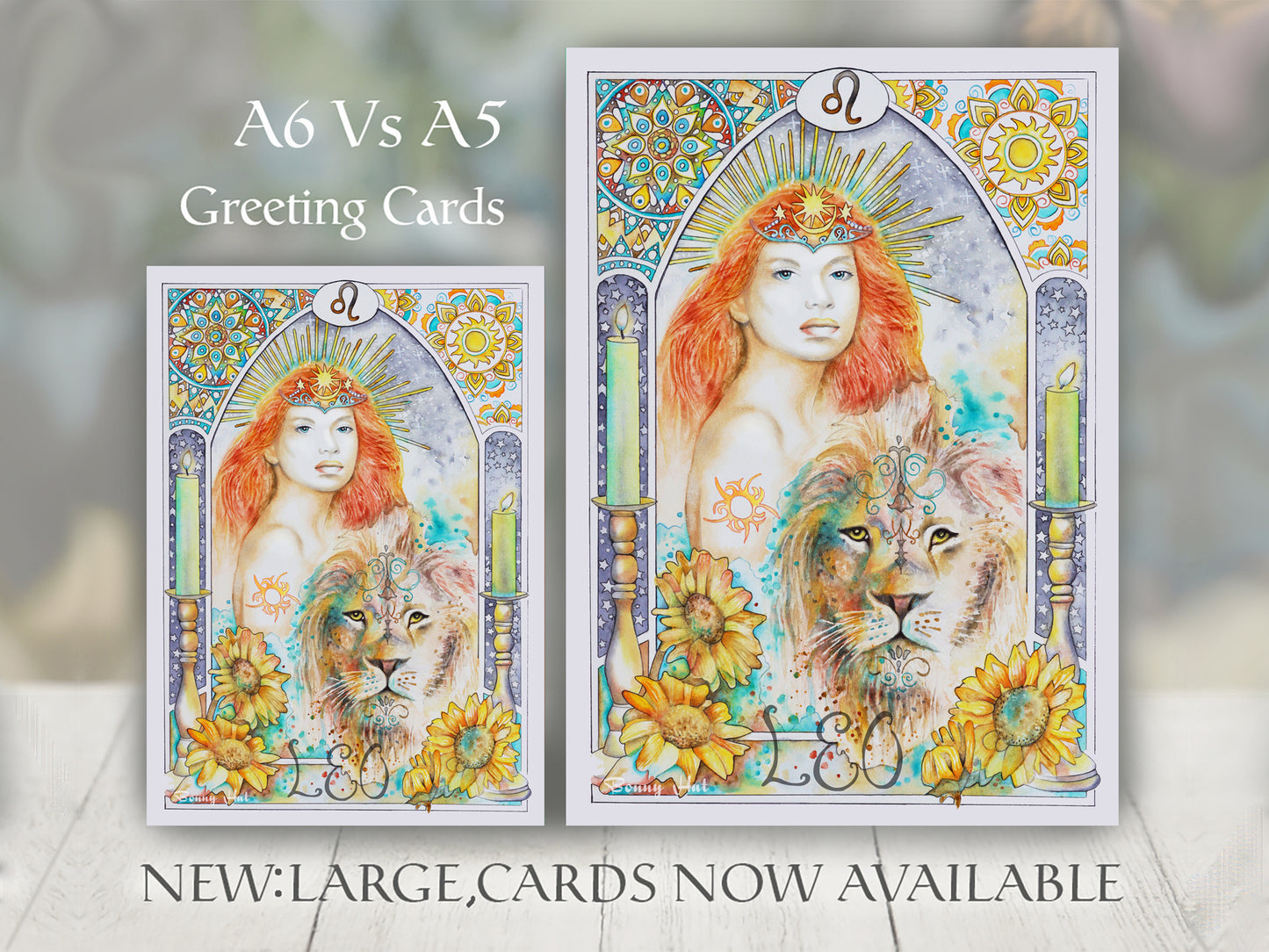 Leo Star sign Birthday Card. Zodiac Celestial Art Nouveau watercolor art folded cards. Large A5 size and smaller 6 sizes pictured.