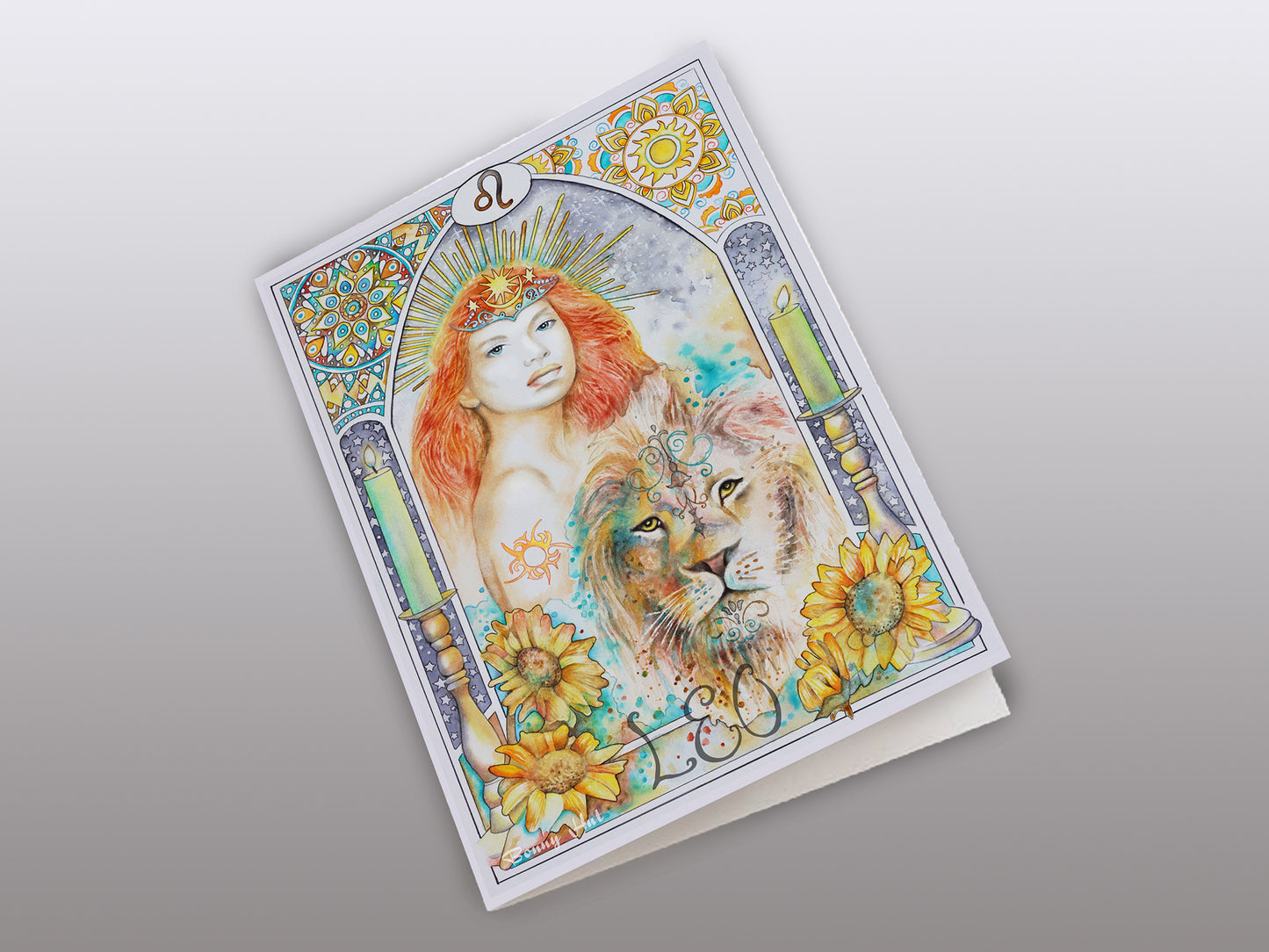 Leo Star sign Birthday Card. Zodiac Celestial Art Nouveau watercolor art folded cards with the sun goddess and lion king.
