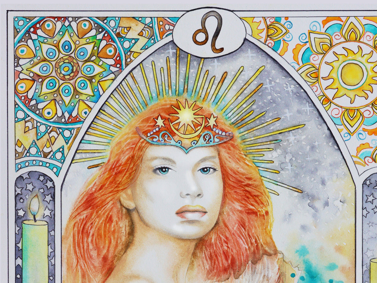 Leo Star sign Birthday Card. Zodiac Celestial Art Nouveau watercolor art folded cards. Sun Goddess portrait.